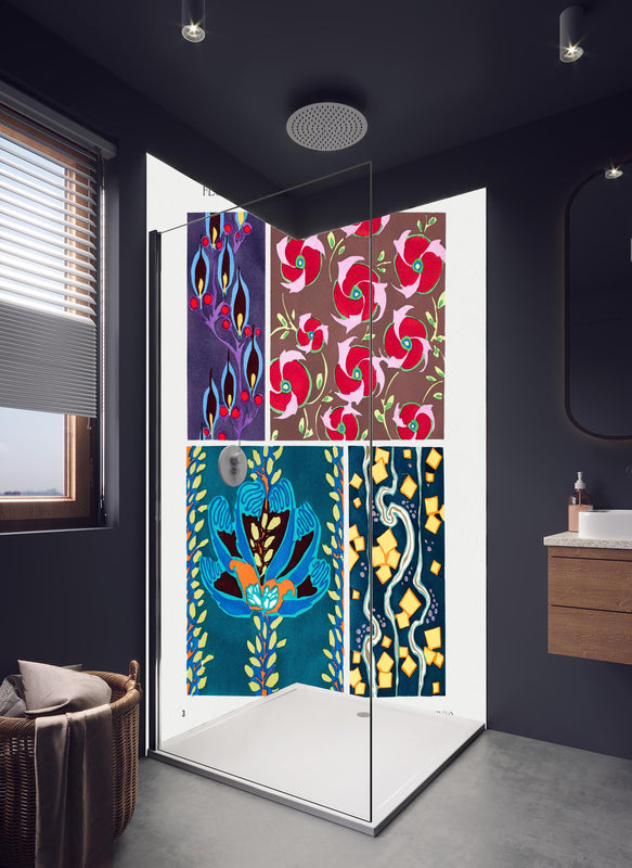 Duschrückwand - Retro-Blumenzeichnung von Meisterkünstler in hellem Badezimmer mit Regenduschkopf  - zweiteilige Eck-Duschrückwand