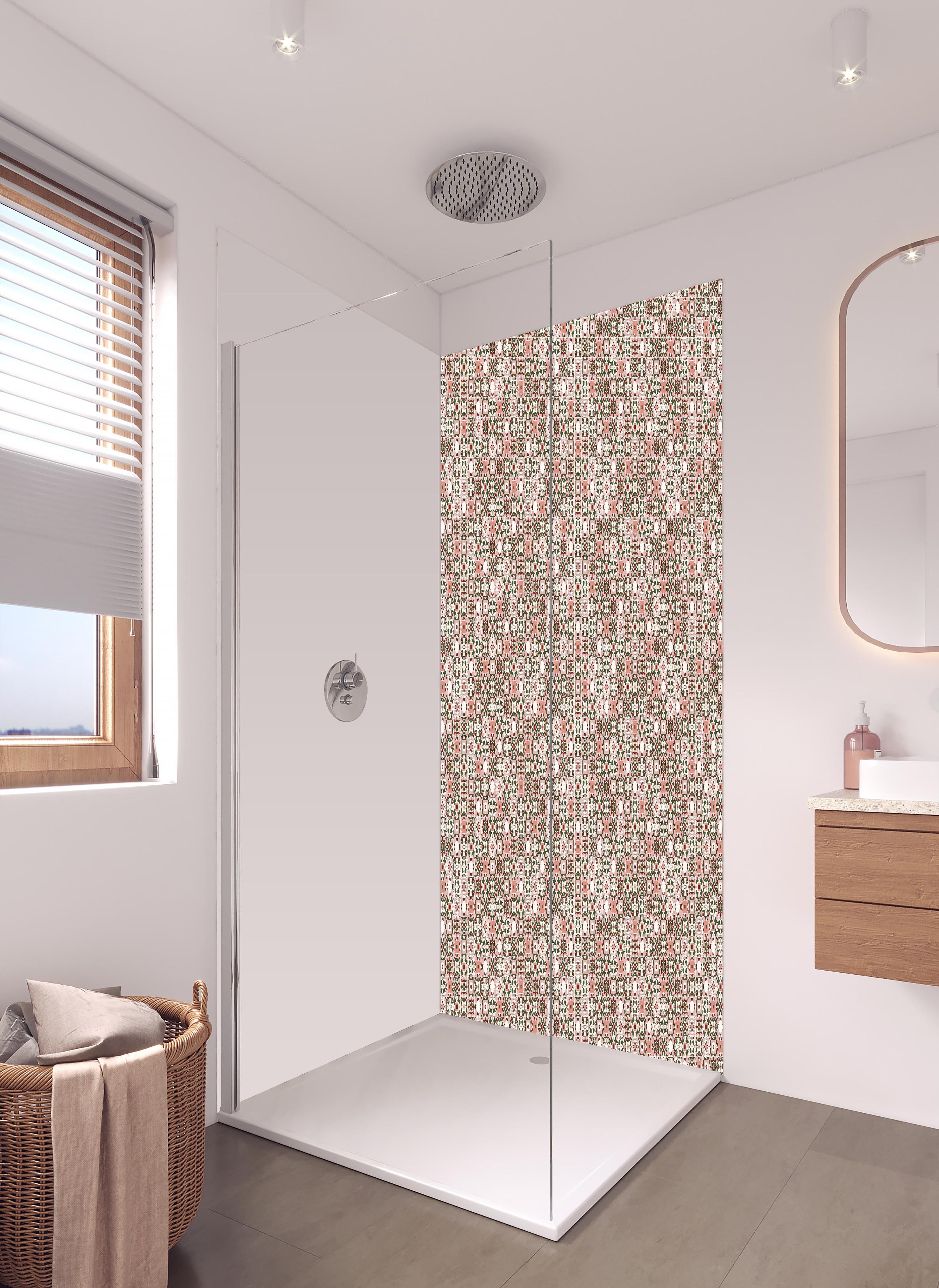 Duschrückwand - Retro Floral Textil Design in Rosa-Tönen in hellem Badezimmer mit Regenduschkopf  - zweiteilige Eck-Duschrückwand