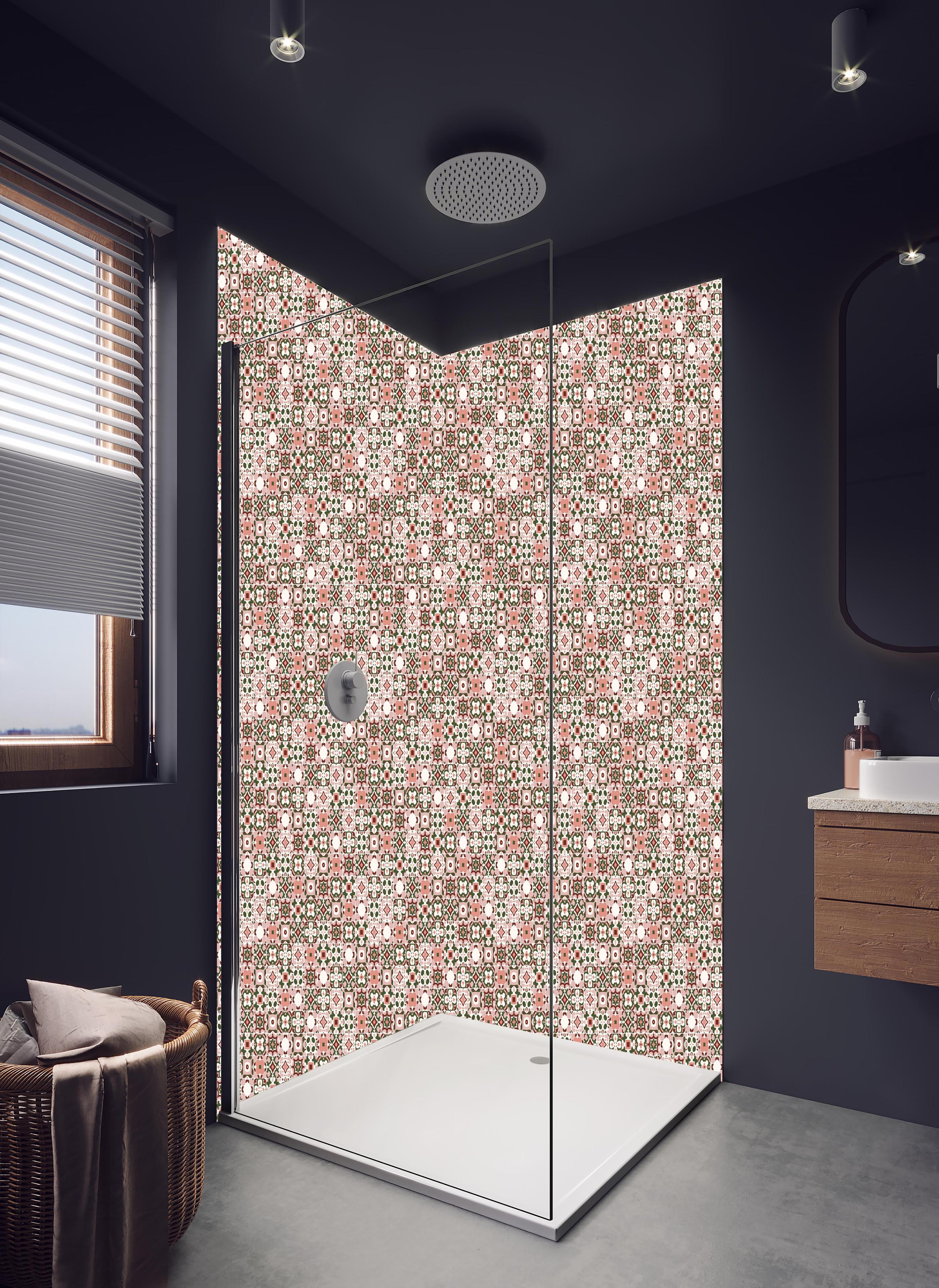 Duschrückwand - Retro Floral Textil Design in Rosa-Tönen in hellem Badezimmer mit Regenduschkopf  - zweiteilige Eck-Duschrückwand