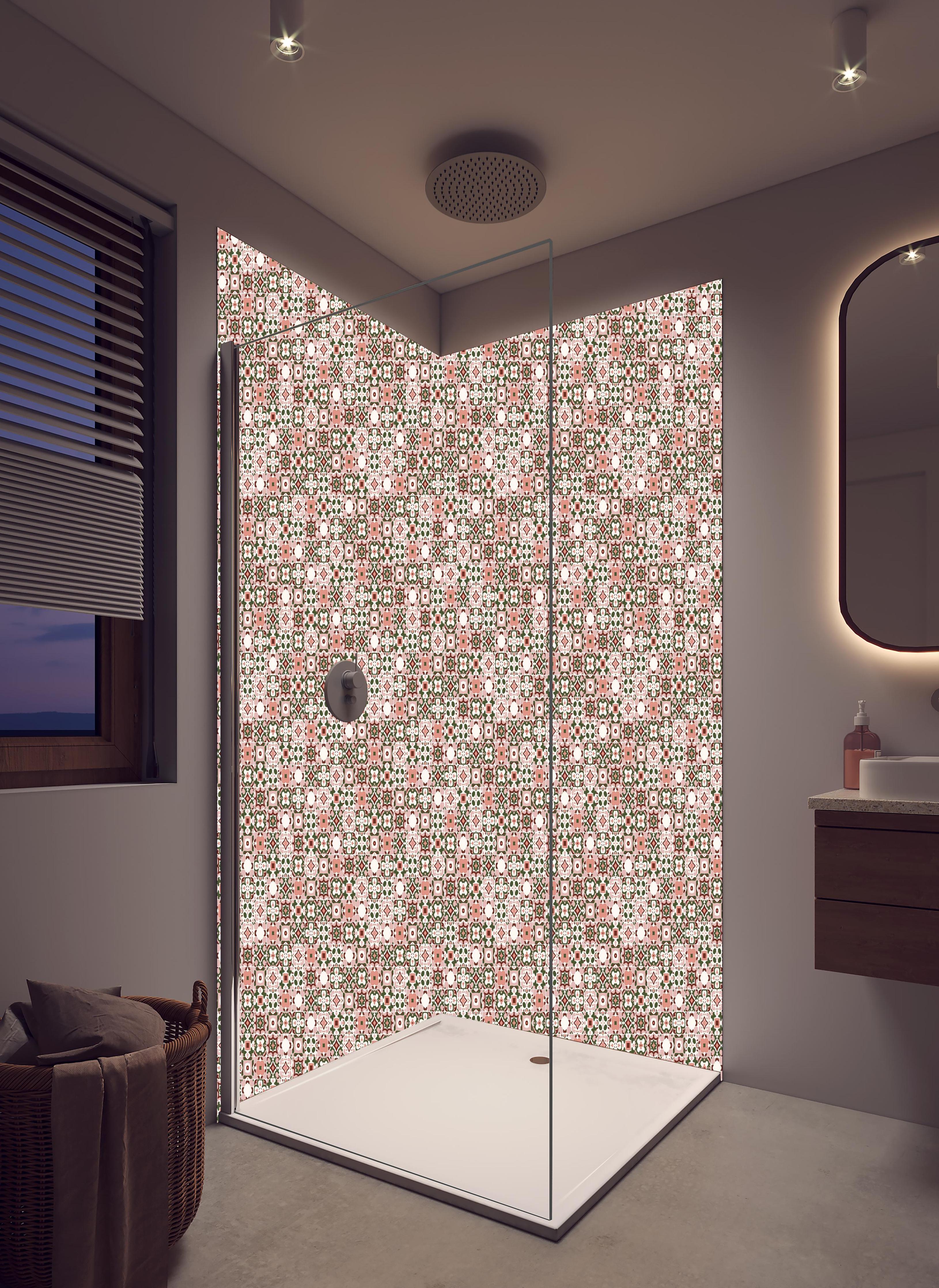 Duschrückwand - Retro Floral Textil Design in Rosa-Tönen in hellem Badezimmer mit Regenduschkopf  - zweiteilige Eck-Duschrückwand