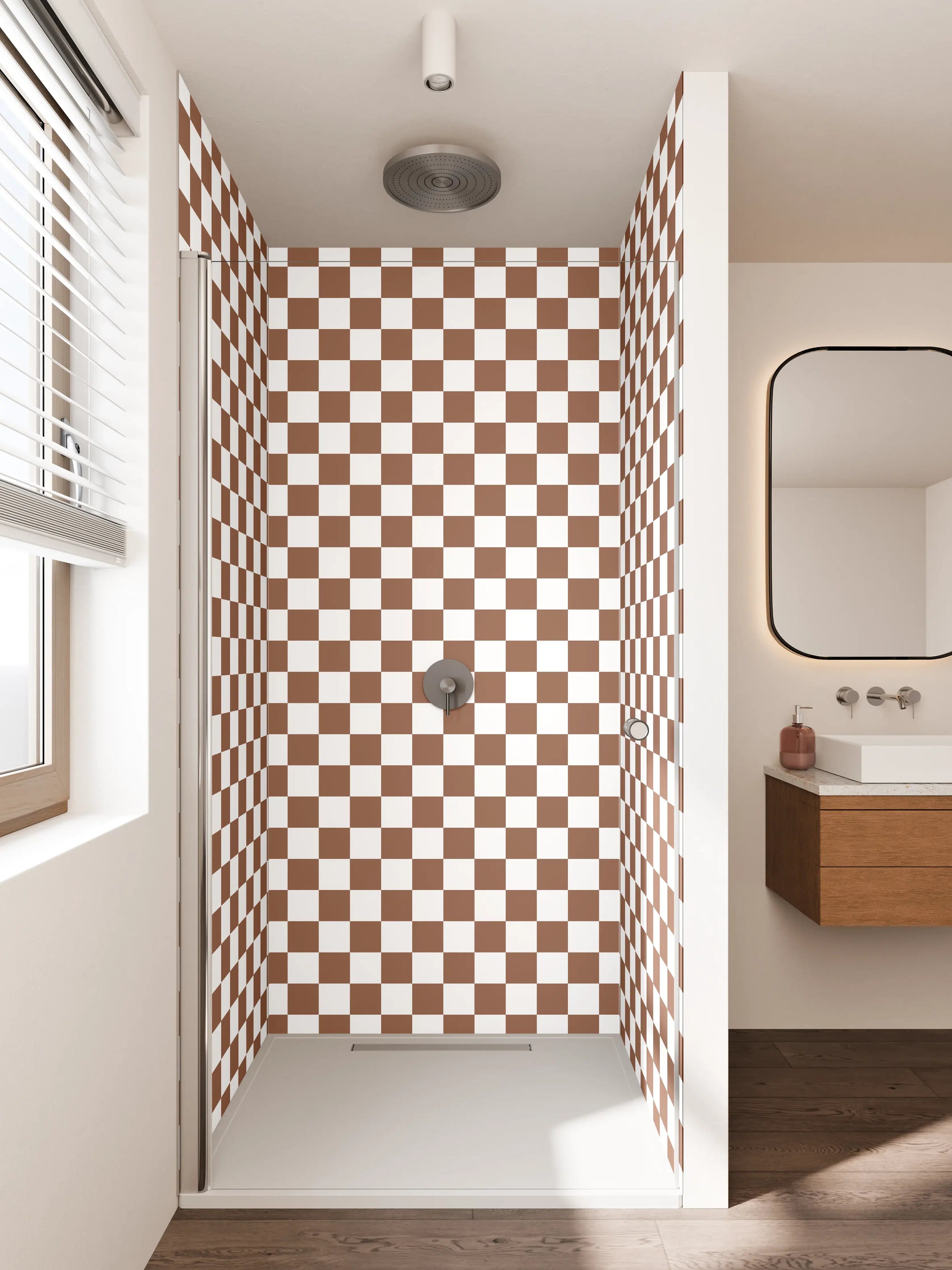 Duschrückwand - Retro-Karo-Muster in Braun Weiß