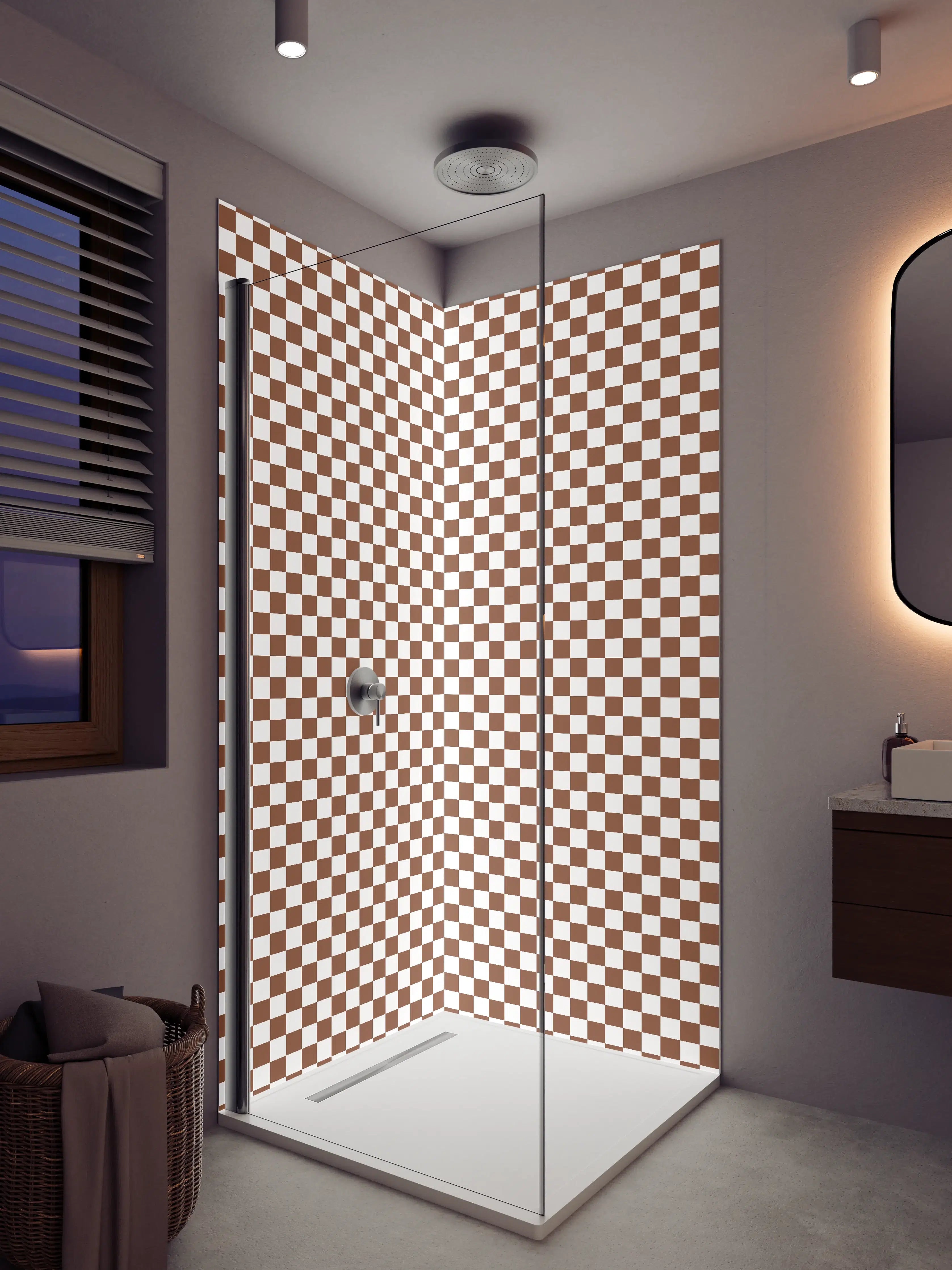 Duschrückwand - Retro-Karo-Muster in Braun Weiß