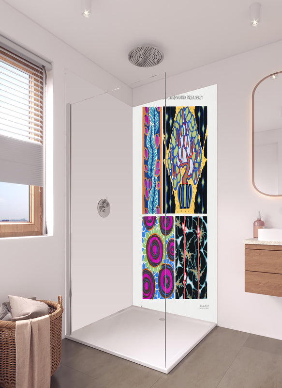 Duschrückwand - Retro Kollage - Französisch in hellem Badezimmer mit Regenduschkopf  - zweiteilige Eck-Duschrückwand