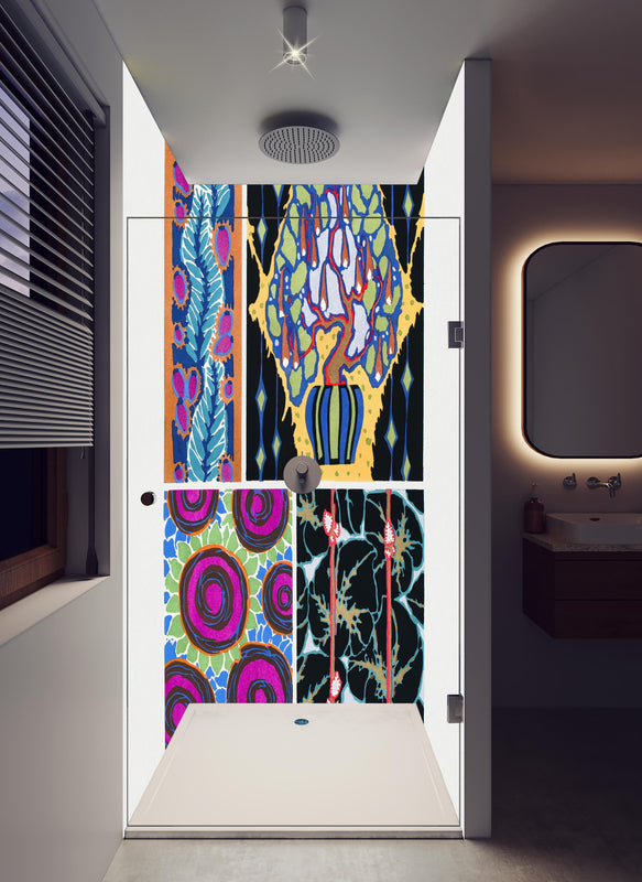 Duschrückwand - Retro Kollage - Französisch in hellem Badezimmer mit Regenduschkopf  - zweiteilige Eck-Duschrückwand