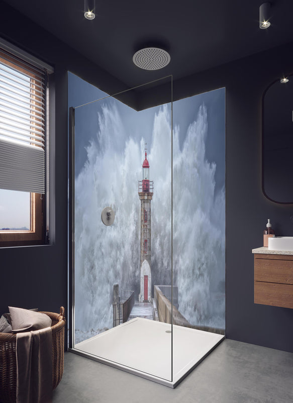 Duschrückwand - Riesenwelle trifft auf Leuchtturn in hellem Badezimmer mit Regenduschkopf  - zweiteilige Eck-Duschrückwand