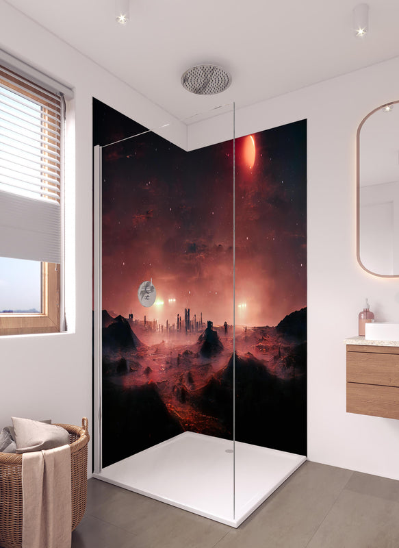 Duschrückwand - Rötliche Fantasielandschaft in hellem Badezimmer mit Regenduschkopf  - zweiteilige Eck-Duschrückwand