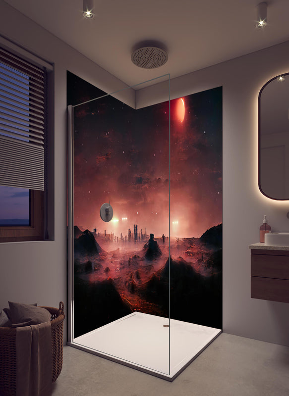 Duschrückwand - Rötliche Fantasielandschaft in hellem Badezimmer mit Regenduschkopf  - zweiteilige Eck-Duschrückwand