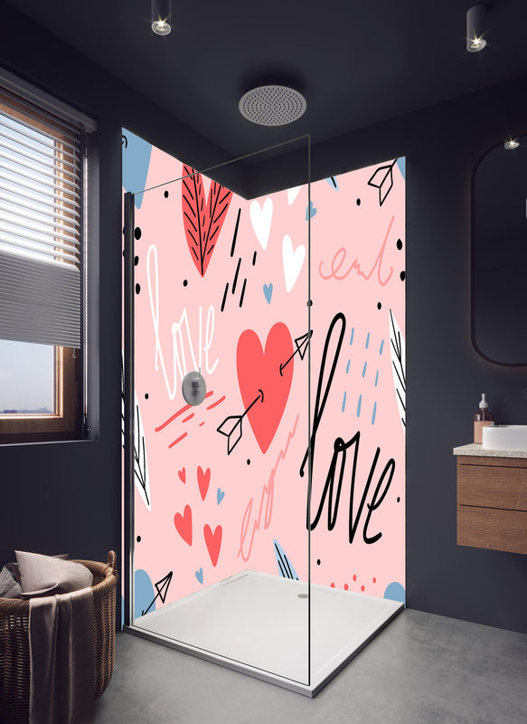 Duschrückwand - Romantische Herzen Liebe Illustration Rosa in hellem Badezimmer mit Regenduschkopf  - zweiteilige Eck-Duschrückwand