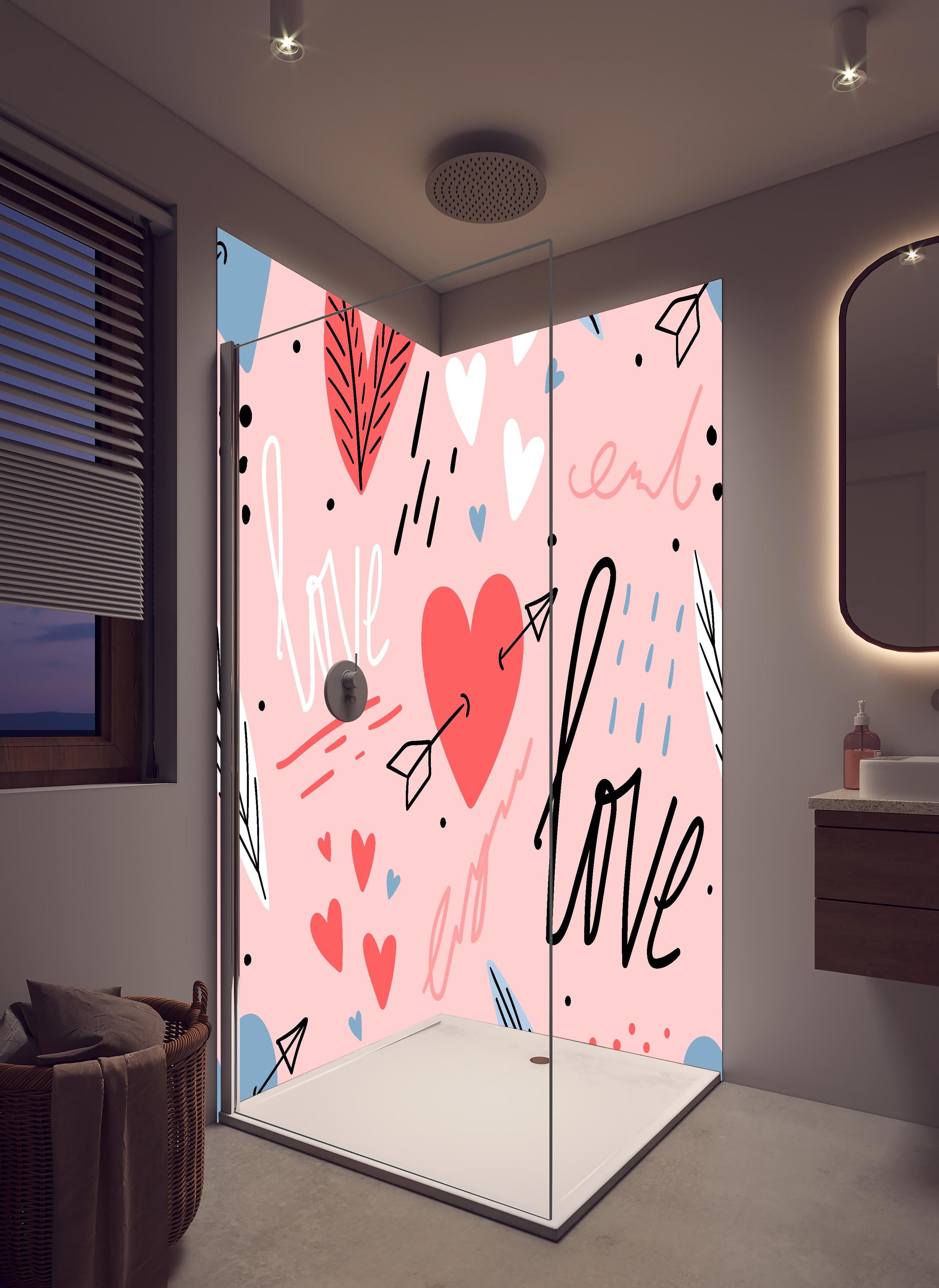 Duschrückwand - Romantische Herzen Liebe Illustration Rosa in hellem Badezimmer mit Regenduschkopf  - zweiteilige Eck-Duschrückwand