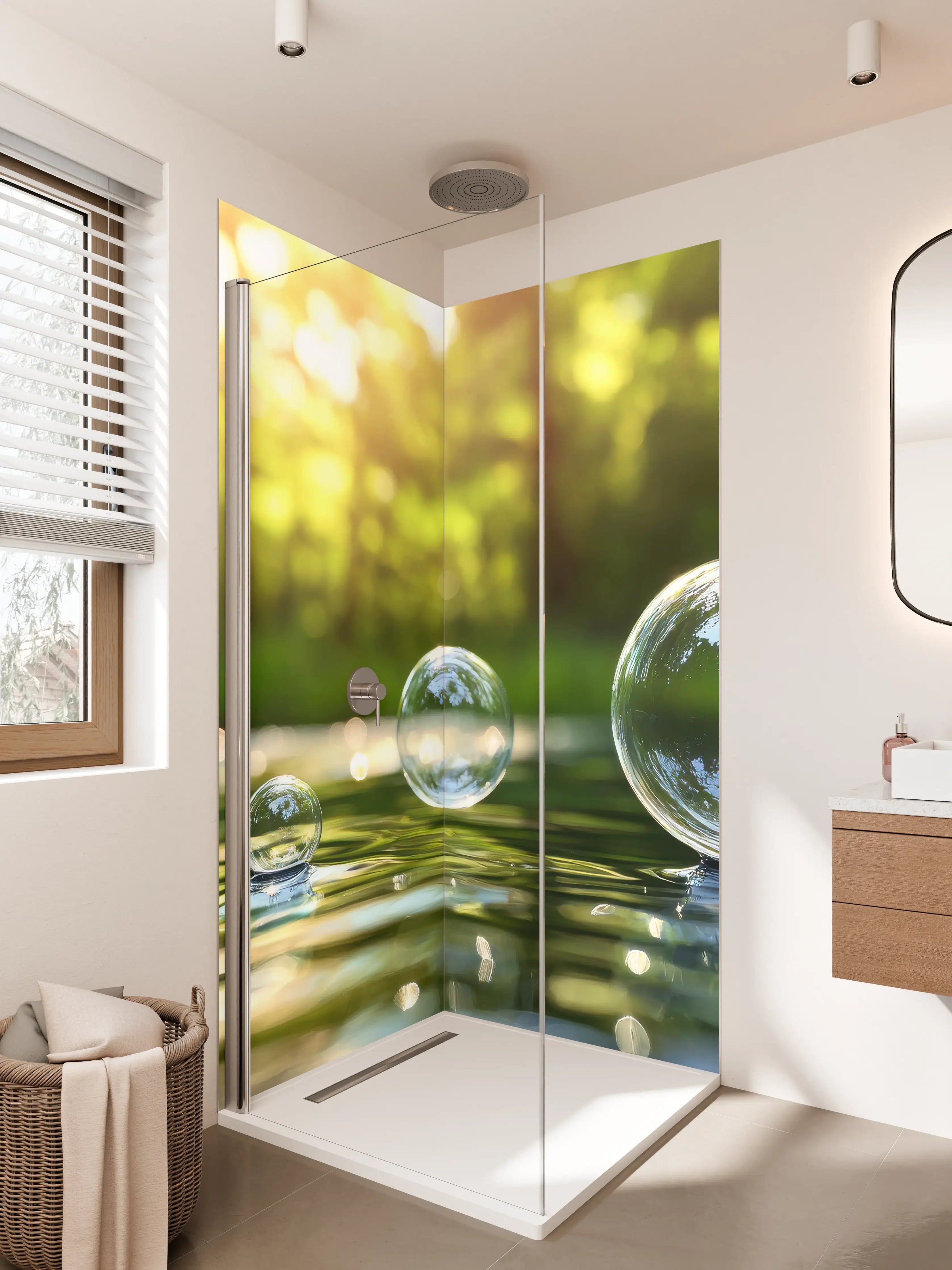Duschrückwand - Romantische Seifenblasen im Sonnenlicht