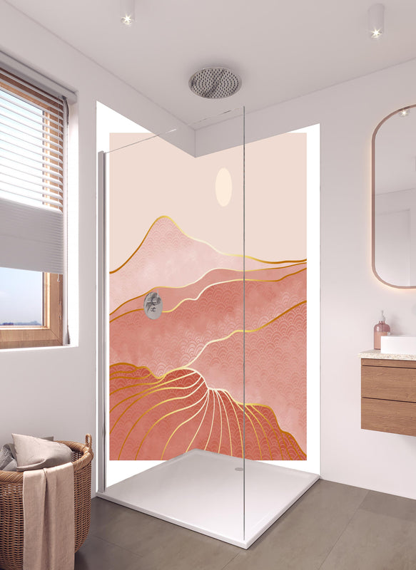 Duschrückwand - Romantisches Dünenpanorama in Rosatönen in hellem Badezimmer mit Regenduschkopf  - zweiteilige Eck-Duschrückwand