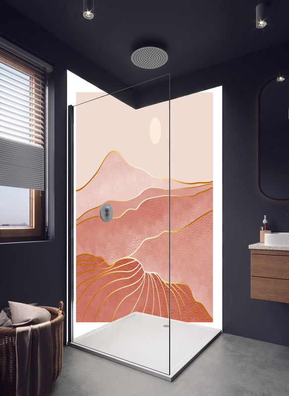 Duschrückwand - Romantisches Dünenpanorama in Rosatönen in hellem Badezimmer mit Regenduschkopf  - zweiteilige Eck-Duschrückwand
