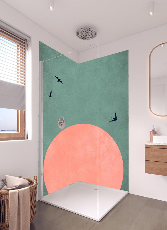 Duschrückwand - Rosa Dämmerung - Gemälde in hellem Badezimmer mit Regenduschkopf  - zweiteilige Eck-Duschrückwand