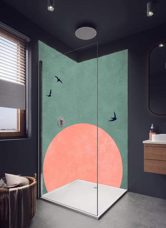 Duschrückwand - Rosa Dämmerung - Gemälde in hellem Badezimmer mit Regenduschkopf  - zweiteilige Eck-Duschrückwand