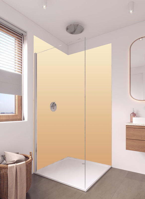 Duschrückwand - Rosa Farbverlauf in hellem Badezimmer mit Regenduschkopf  - zweiteilige Eck-Duschrückwand