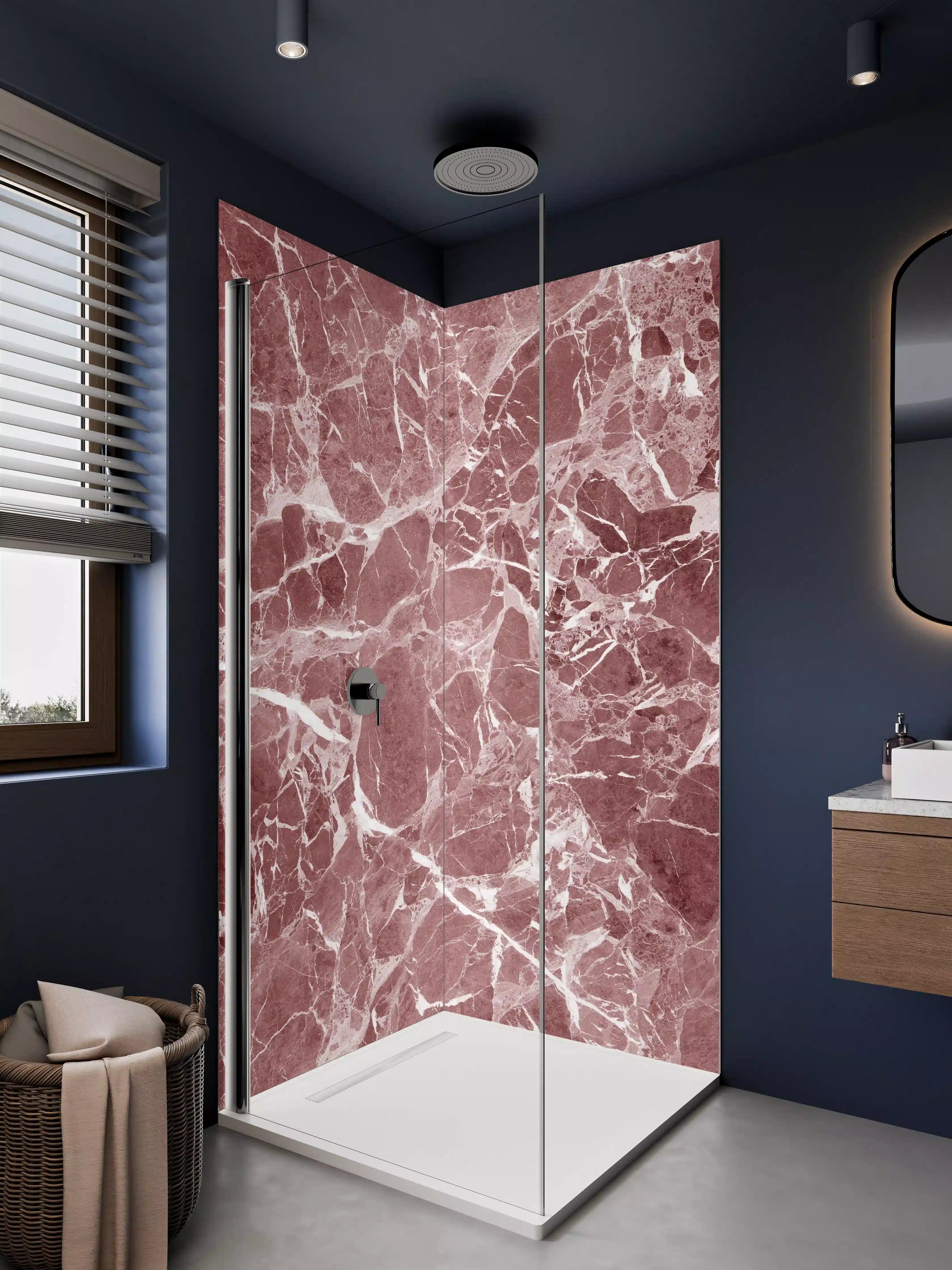 Duschrückwand - Rosa Marmor mit weißen Adern