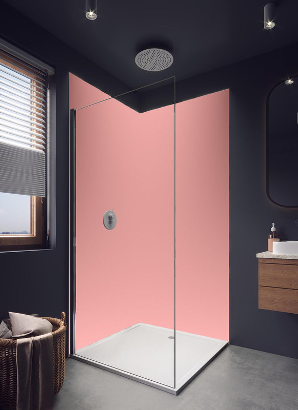 Duschrückwand - Rosa Oberfläche - Papiertextur in hellem Badezimmer mit Regenduschkopf  - zweiteilige Eck-Duschrückwand