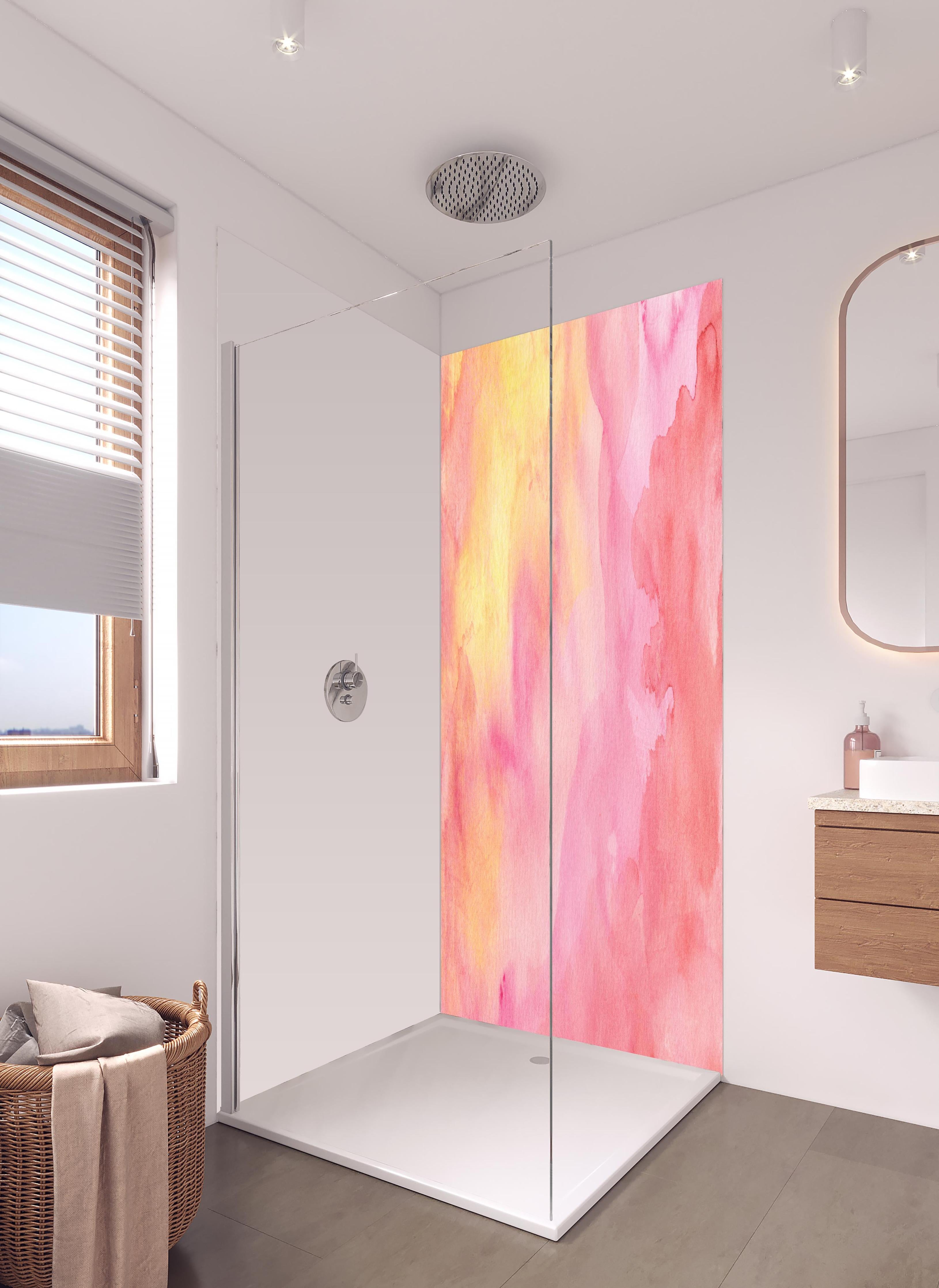 Duschrückwand - Rosa Verwaschenes Farben-Design in hellem Badezimmer mit Regenduschkopf  - zweiteilige Eck-Duschrückwand