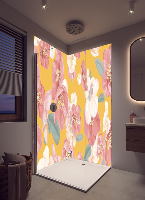 Duschrückwand - Rosa-weiße Blüten in hellem Badezimmer mit Regenduschkopf  - zweiteilige Eck-Duschrückwand