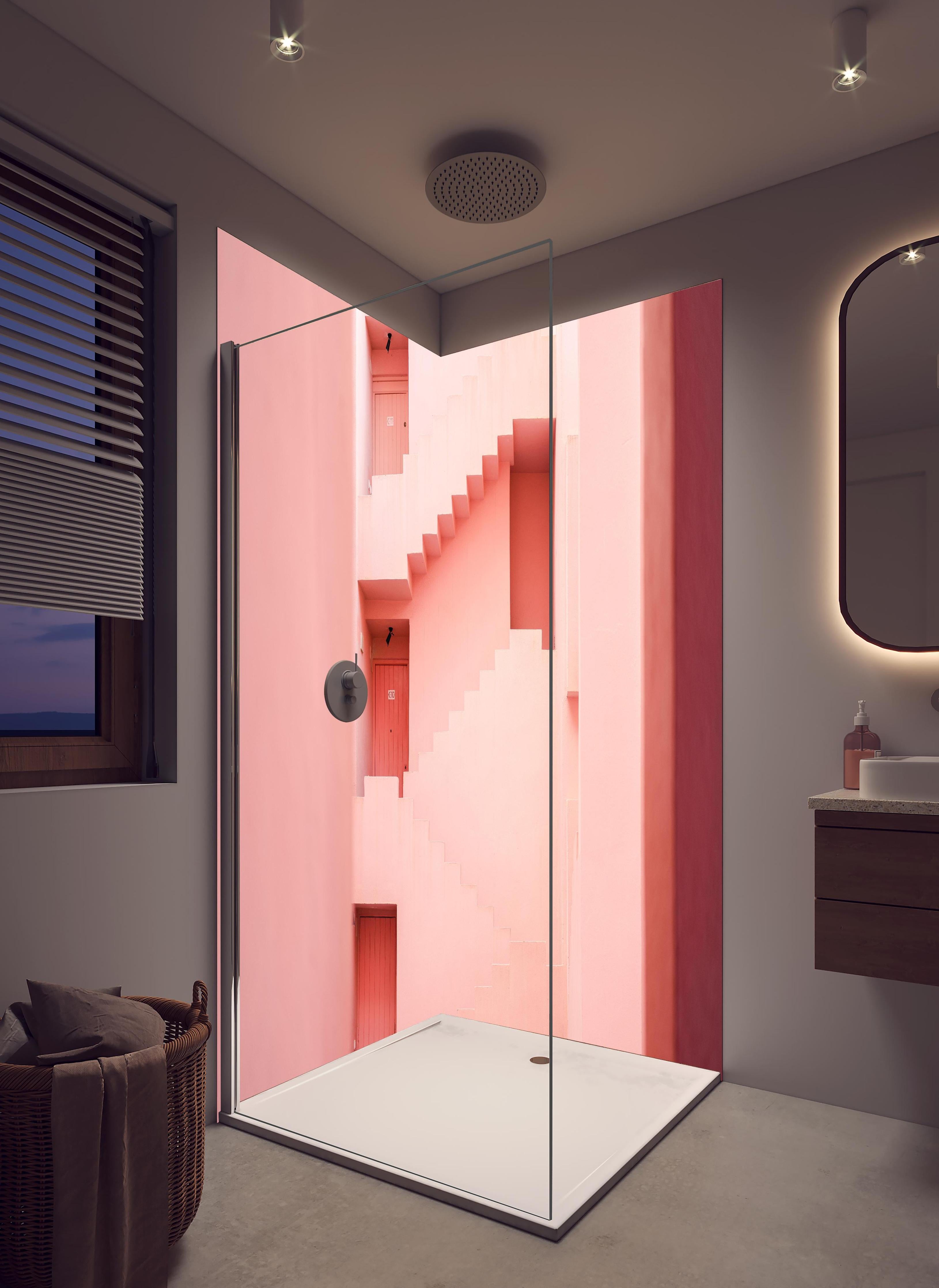 Duschrückwand - Rosafarbene Architektur La Muralla Roja in hellem Badezimmer mit Regenduschkopf  - zweiteilige Eck-Duschrückwand