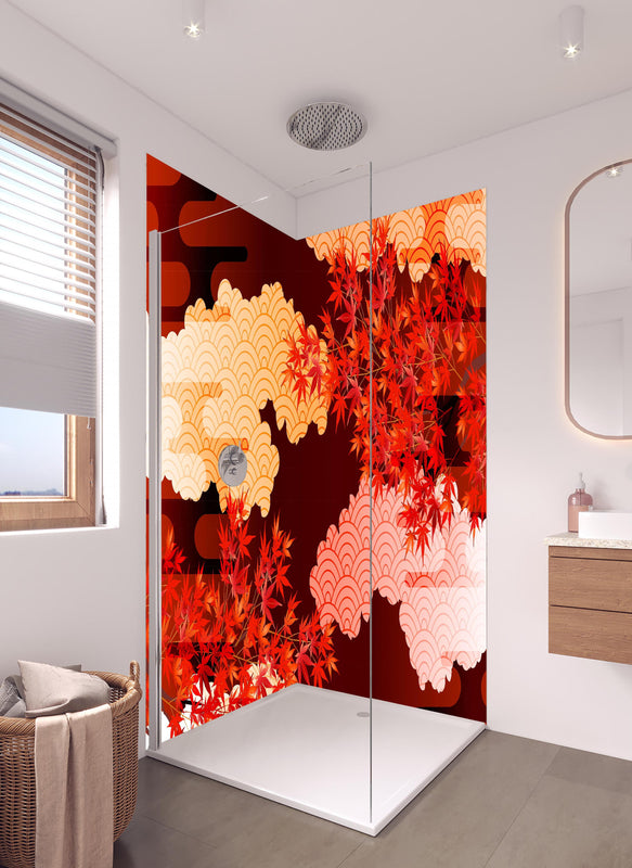 Duschrückwand - Rote Ahornblätter mit Wolkenmuster in hellem Badezimmer mit Regenduschkopf  - zweiteilige Eck-Duschrückwand