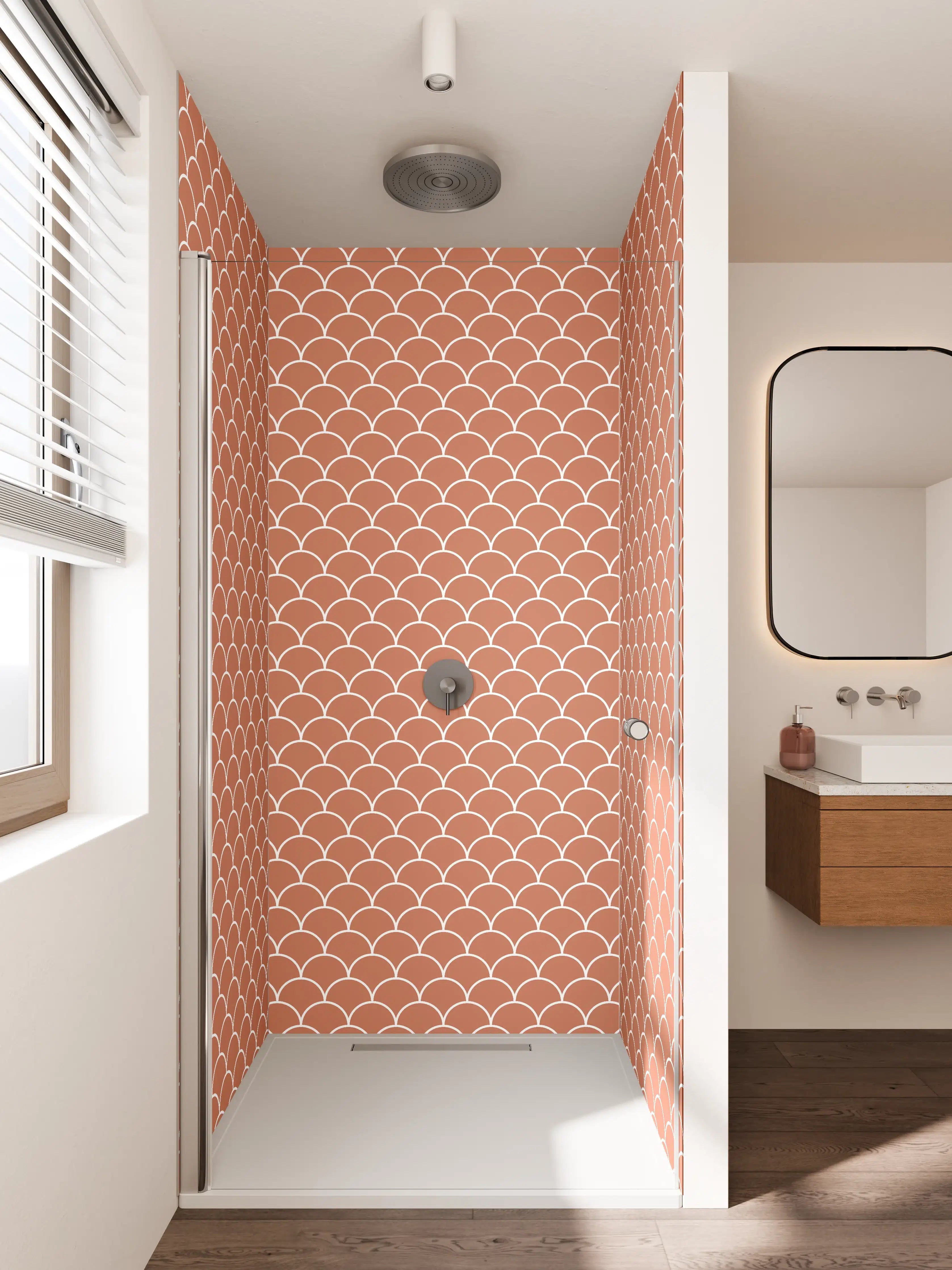 Duschrückwand - Rote Skaterschuppen mit weißen Konturen