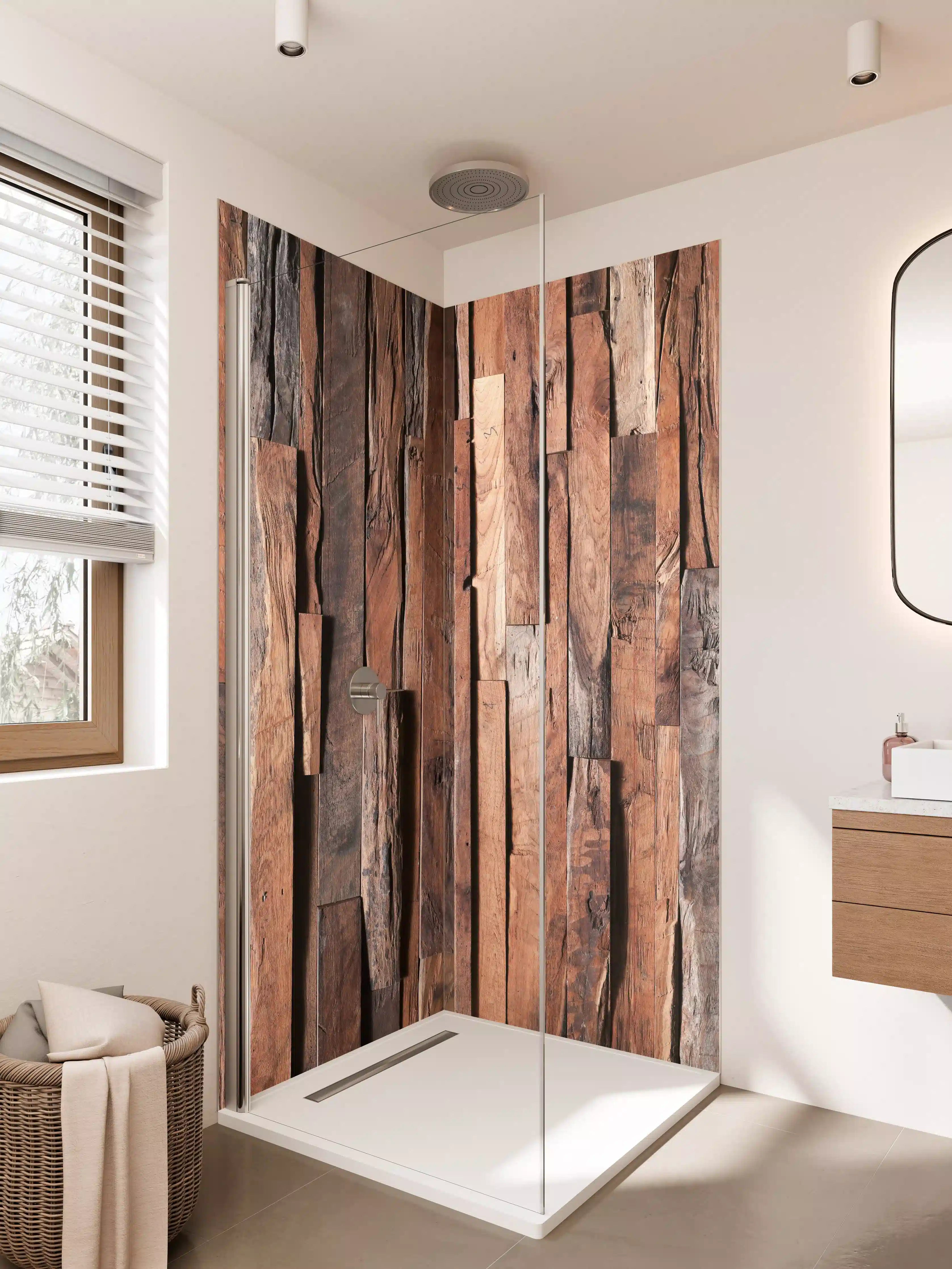 Duschrückwand - Rustikale Holzfliese mit warmen Braun- und Grautönen