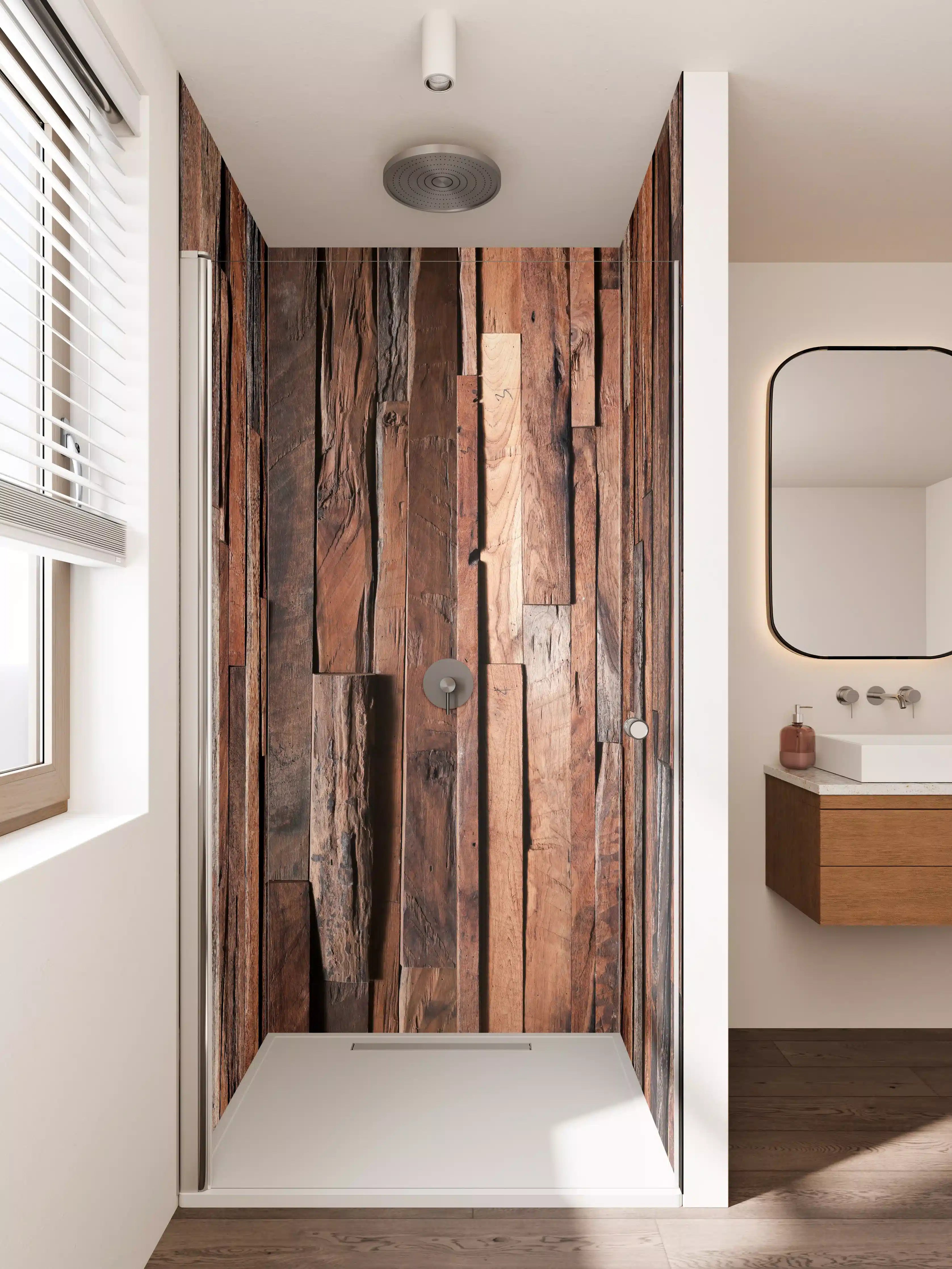 Duschrückwand - Rustikale Holzfliese mit warmen Braun- und Grautönen