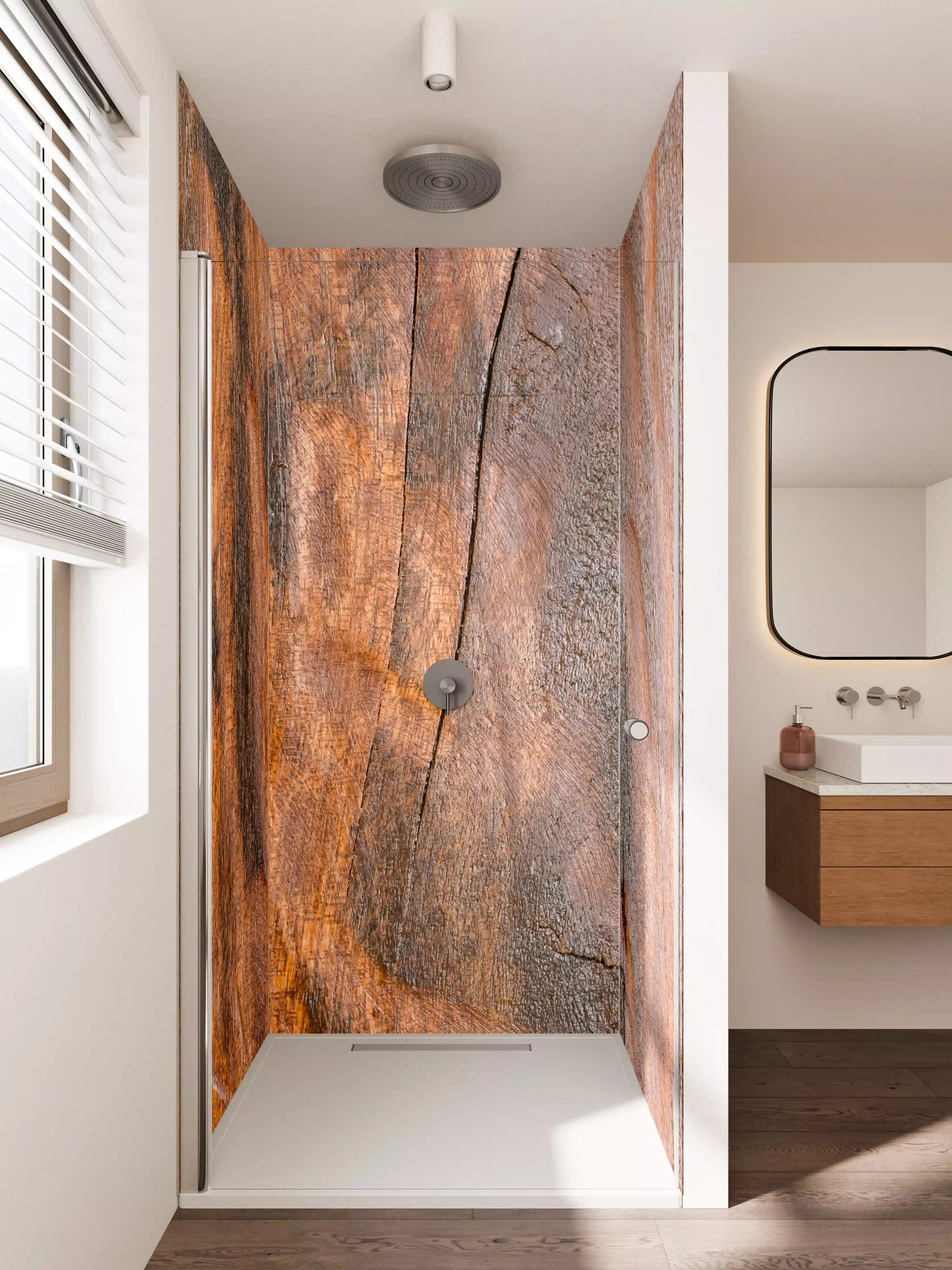Duschrückwand - Rustikale Holzoptik mit Rissen