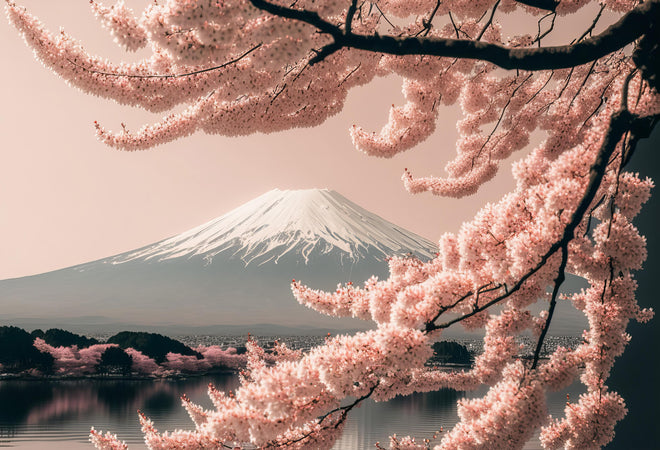 Duschrückwand - Sakura Baum mit Fuji Berg im Hintergrund
