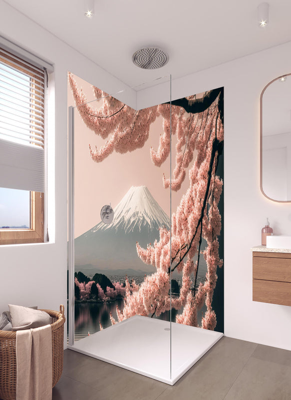 Duschrückwand - Sakura Baum mit Fuji Berg im Hintergrund in hellem Badezimmer mit Regenduschkopf  - zweiteilige Eck-Duschrückwand