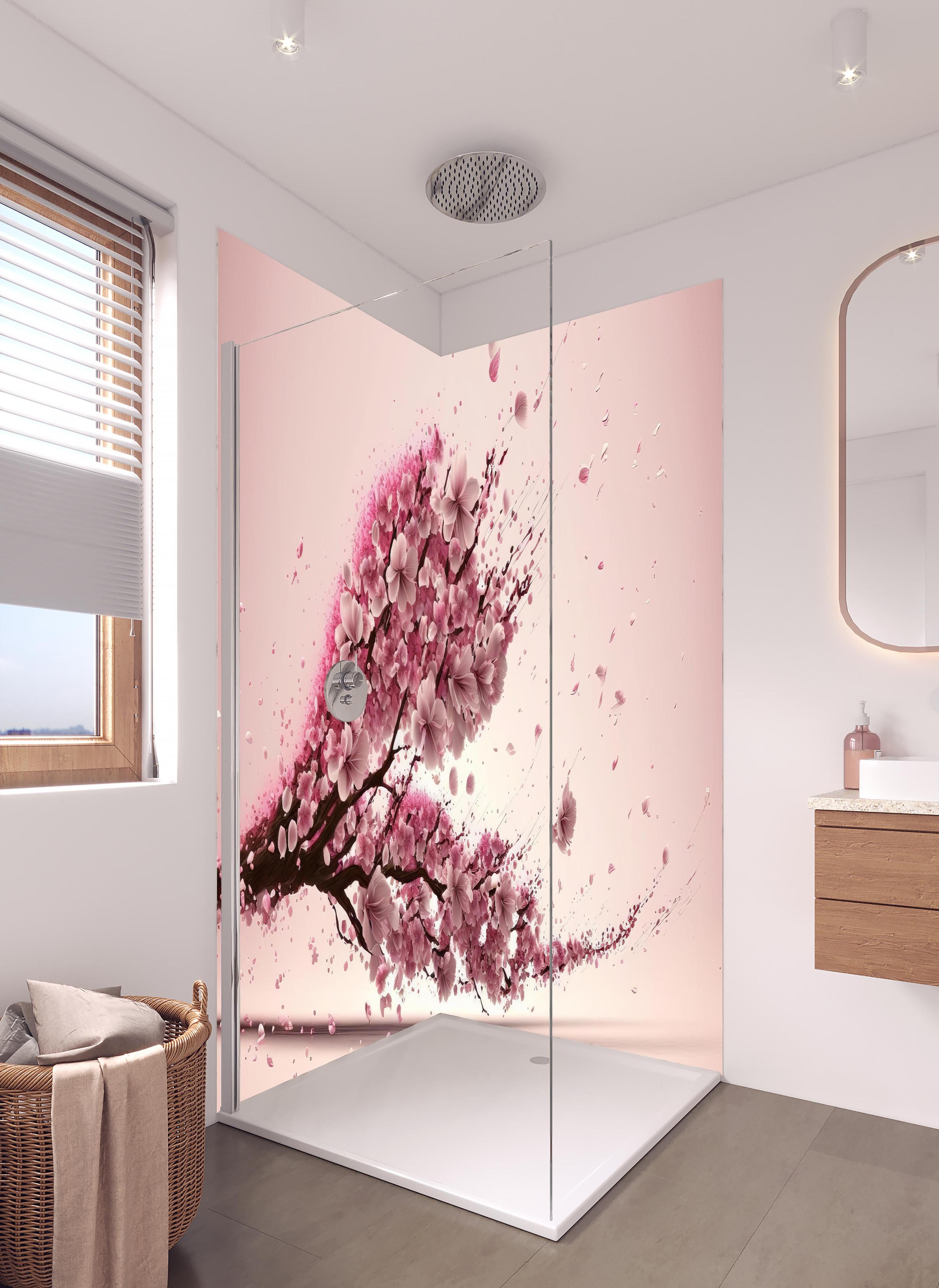 Duschrückwand - Sakura Blüte Rosa Dynamische Tintenkunst in hellem Badezimmer mit Regenduschkopf  - zweiteilige Eck-Duschrückwand