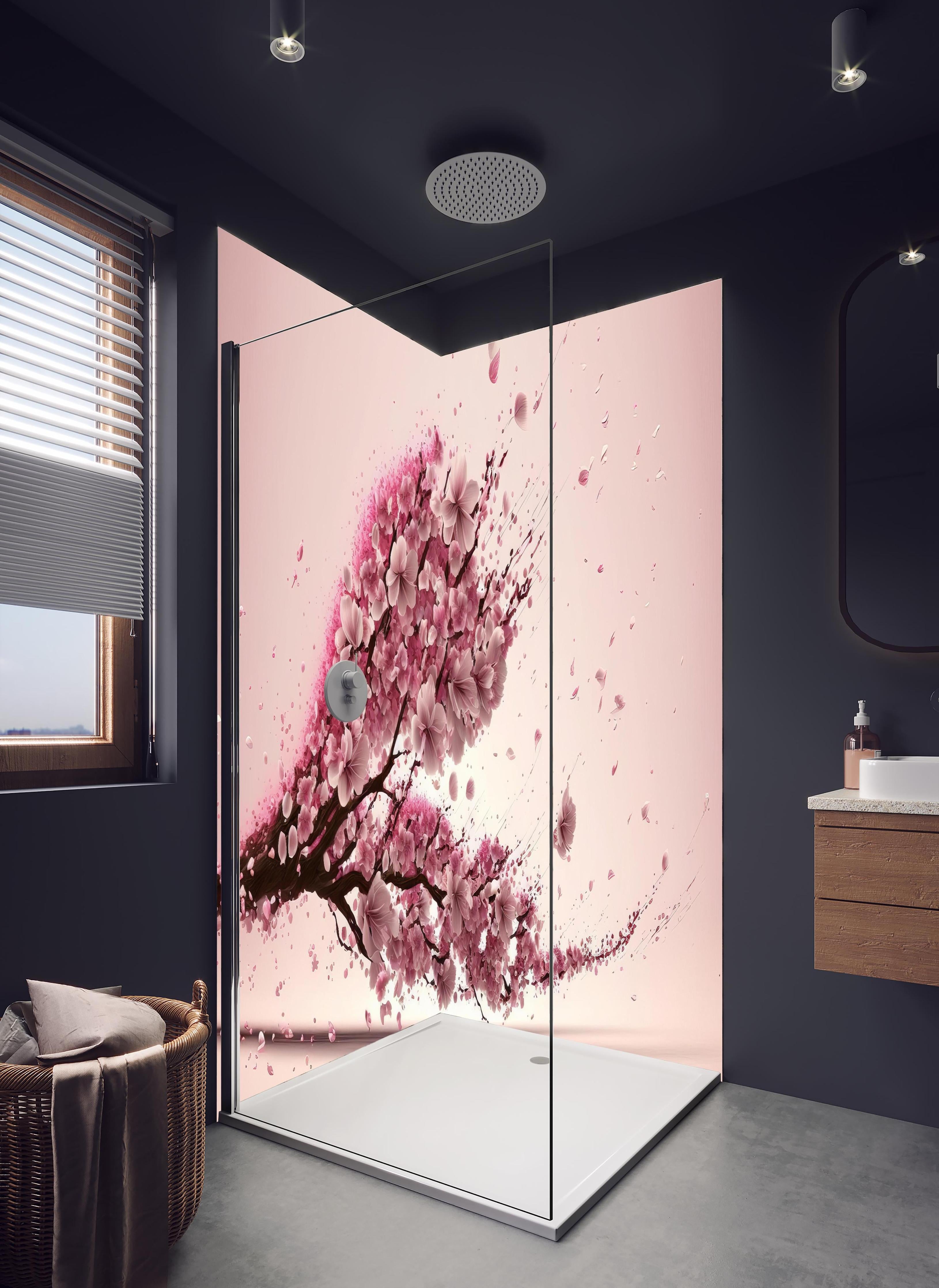 Duschrückwand - Sakura Blüte Rosa Dynamische Tintenkunst in hellem Badezimmer mit Regenduschkopf  - zweiteilige Eck-Duschrückwand