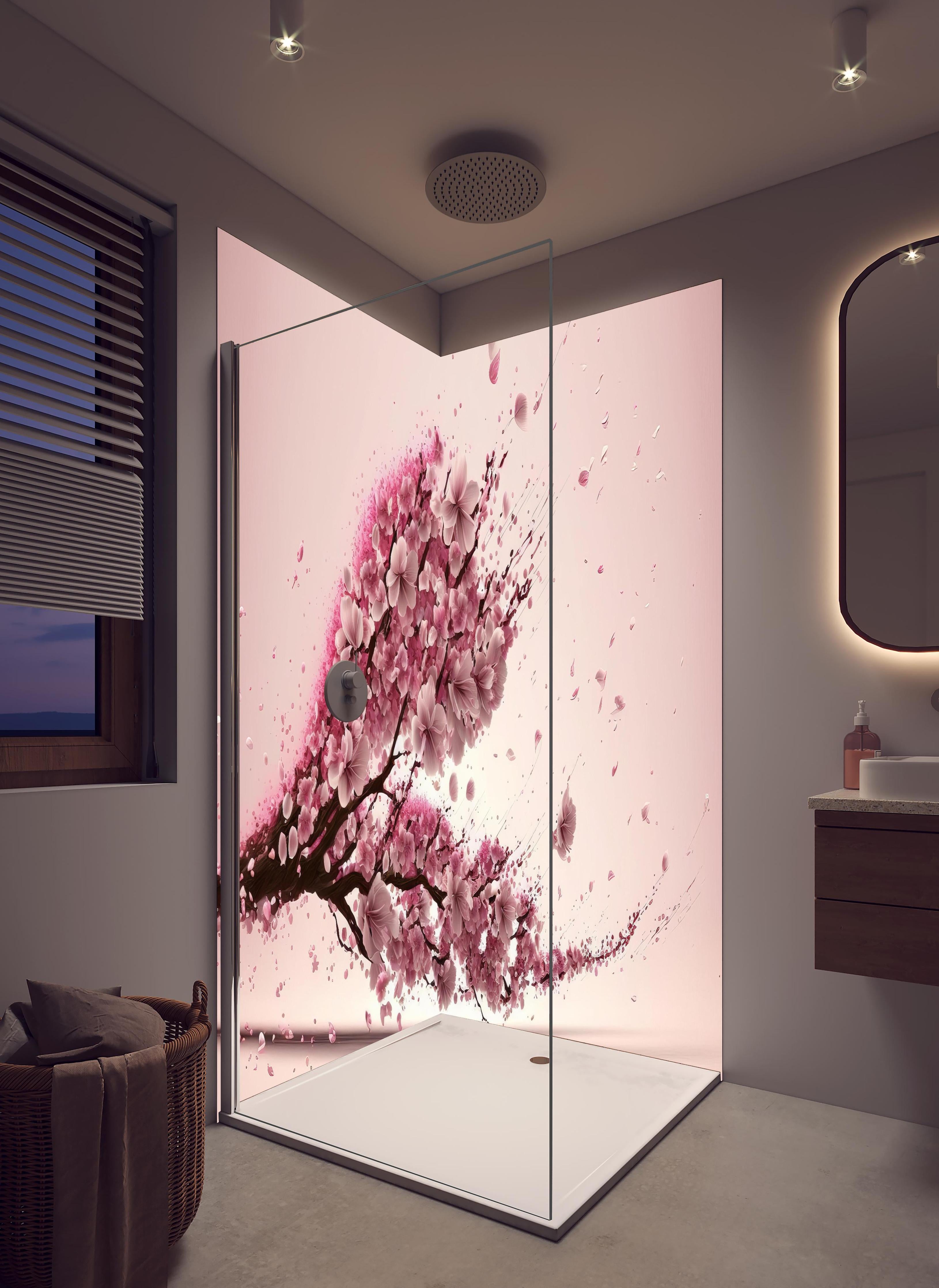 Duschrückwand - Sakura Blüte Rosa Dynamische Tintenkunst in hellem Badezimmer mit Regenduschkopf  - zweiteilige Eck-Duschrückwand