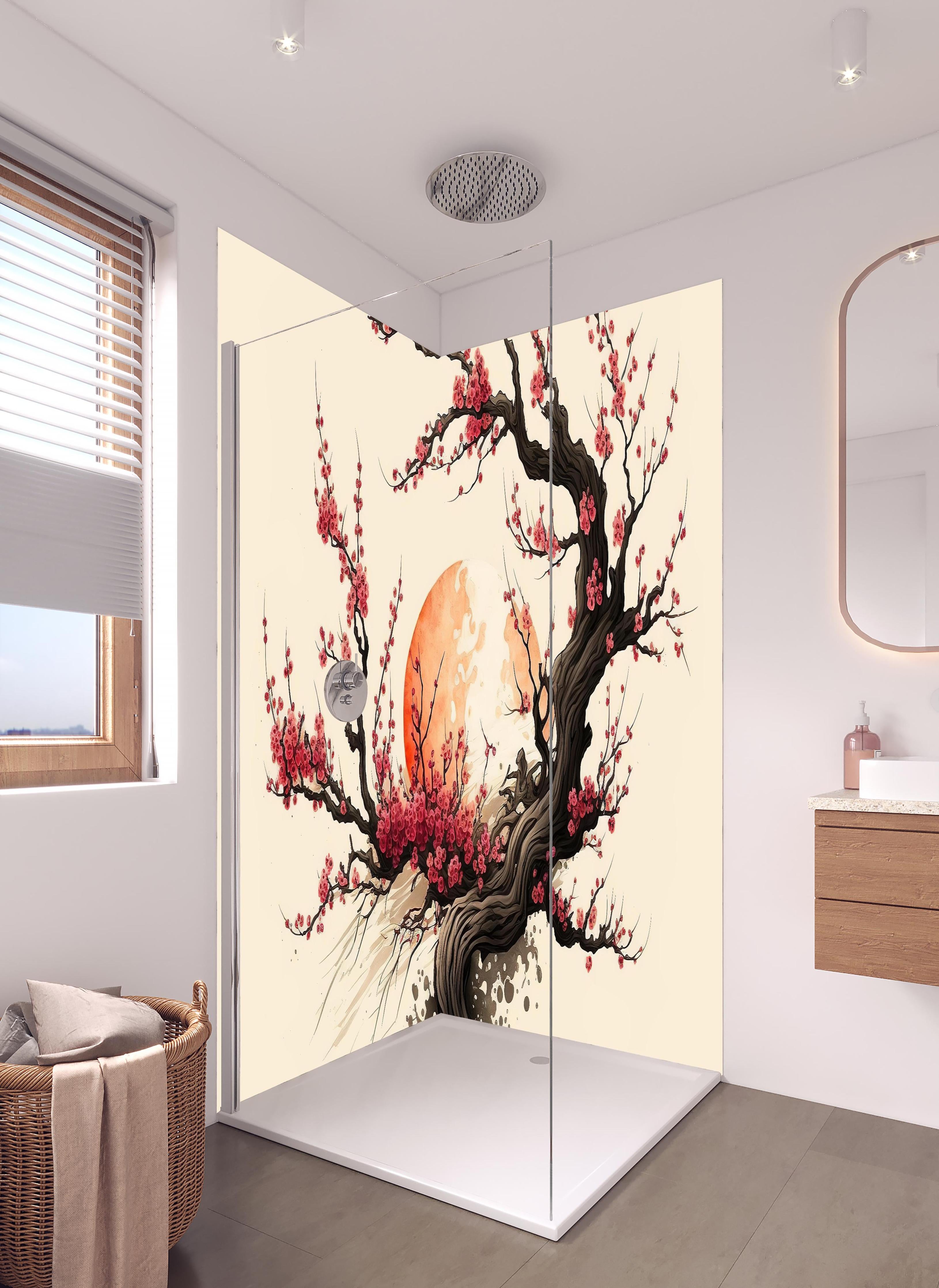 Duschrückwand - Sakura Kirschblüten Aquarell Ink Art in hellem Badezimmer mit Regenduschkopf  - zweiteilige Eck-Duschrückwand