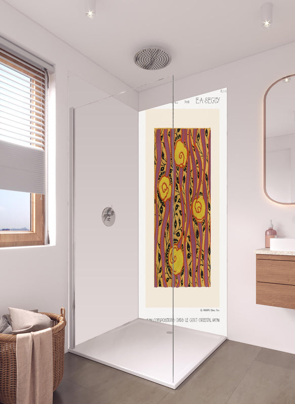 Duschrückwand - Samarkande 15 in hellem Badezimmer mit Regenduschkopf  - zweiteilige Eck-Duschrückwand