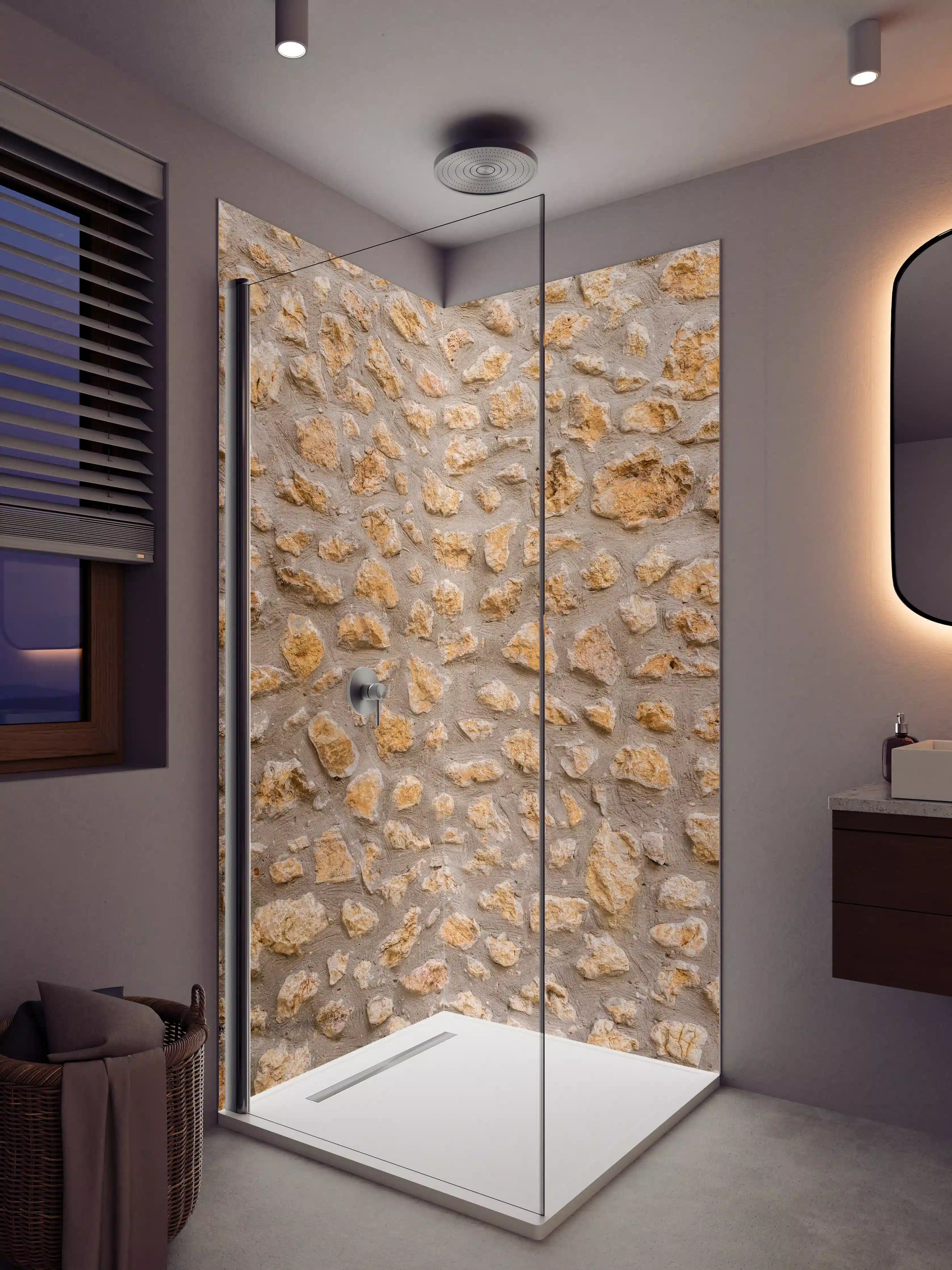 Duschrückwand - Sandstein Mauer mit rauer Textur in neutralen Tönen