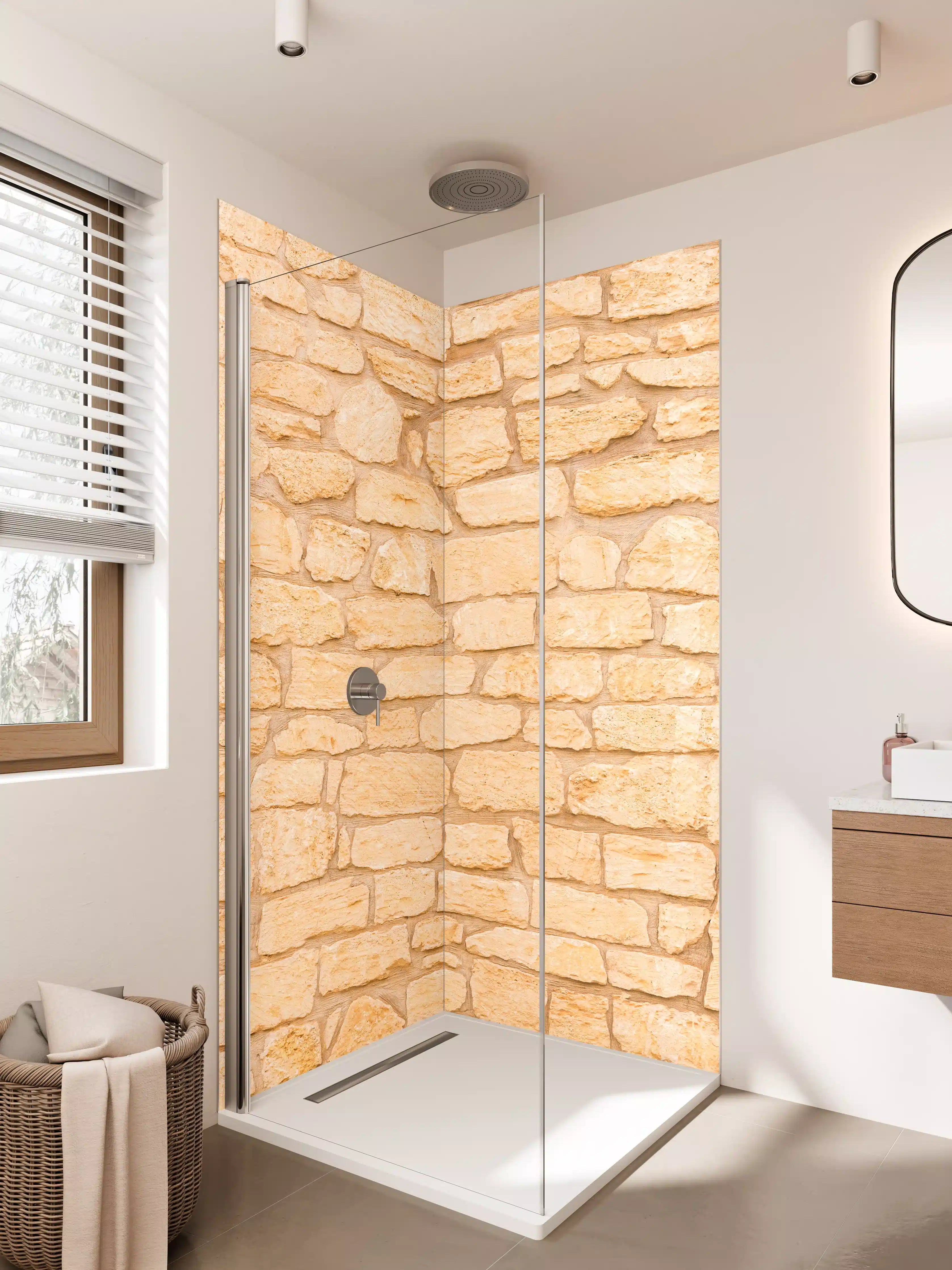 Duschrückwand - Sandsteinmauer in warmen Tönen