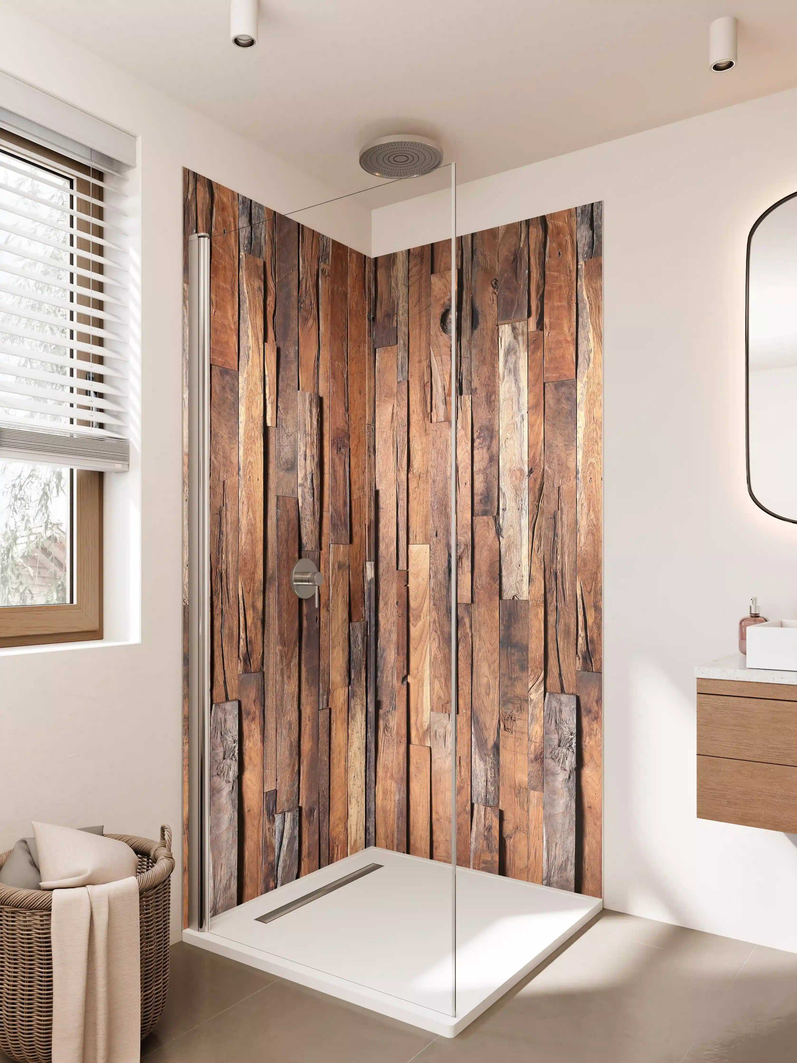 Duschrückwand - Sanfte Grautöne in warmer Holzoptik