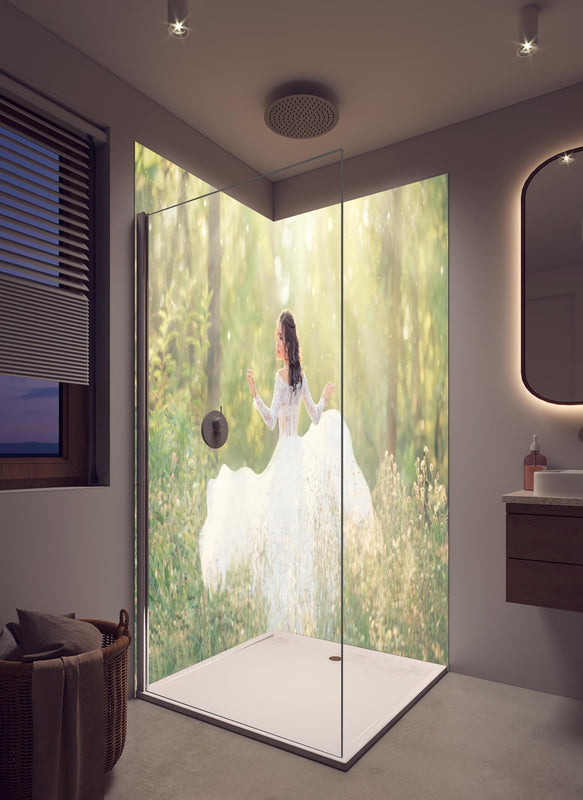 Duschrückwand - Schöne Braut im Wald in hellem Badezimmer mit Regenduschkopf  - zweiteilige Eck-Duschrückwand