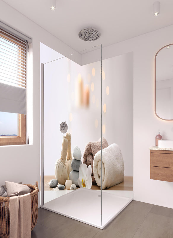 Duschrückwand - Schöne Spa-Komposition auf Tisch in hellem Badezimmer mit Regenduschkopf  - zweiteilige Eck-Duschrückwand