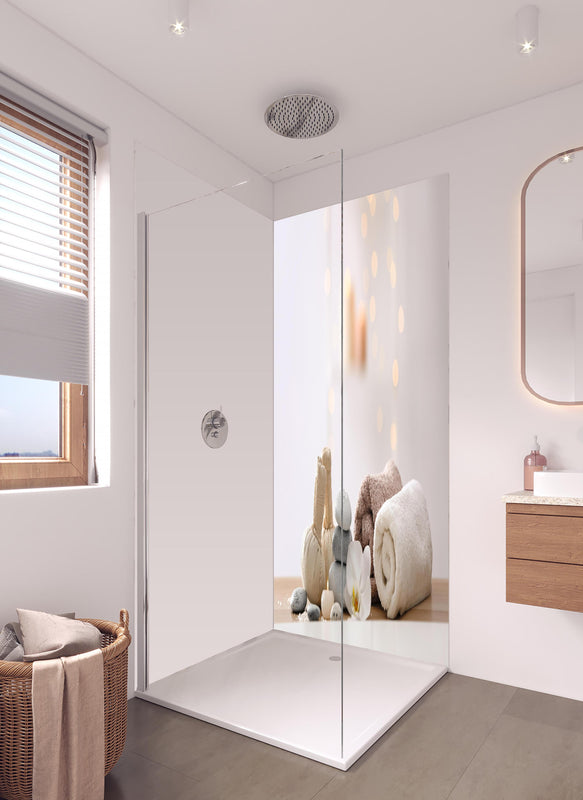 Duschrückwand - Schöne Spa-Komposition auf Tisch in hellem Badezimmer mit Regenduschkopf  - zweiteilige Eck-Duschrückwand