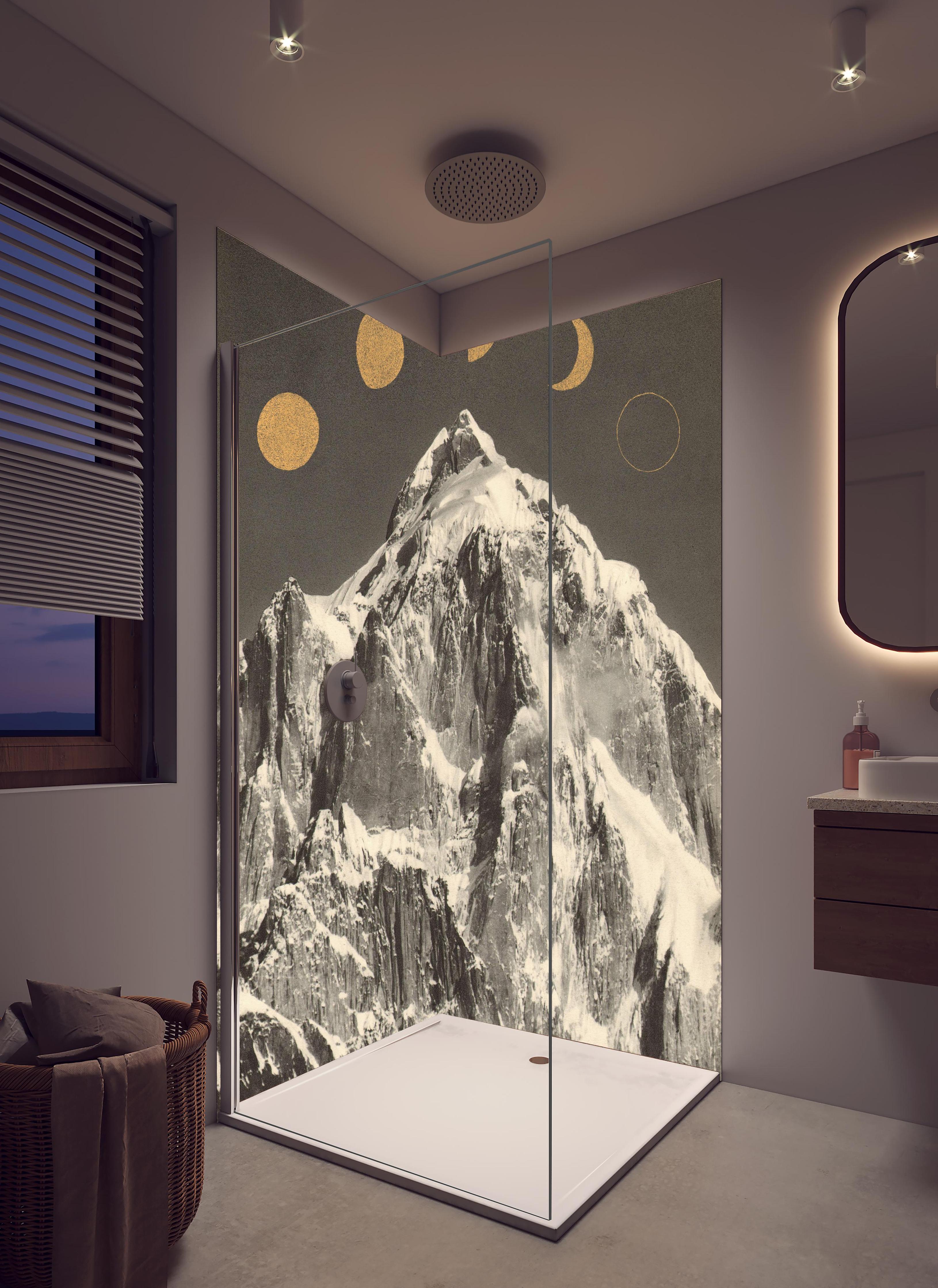 Duschrückwand - Schwarz-Weiß Berge mit Mondphasen Illustration in hellem Badezimmer mit Regenduschkopf  - zweiteilige Eck-Duschrückwand