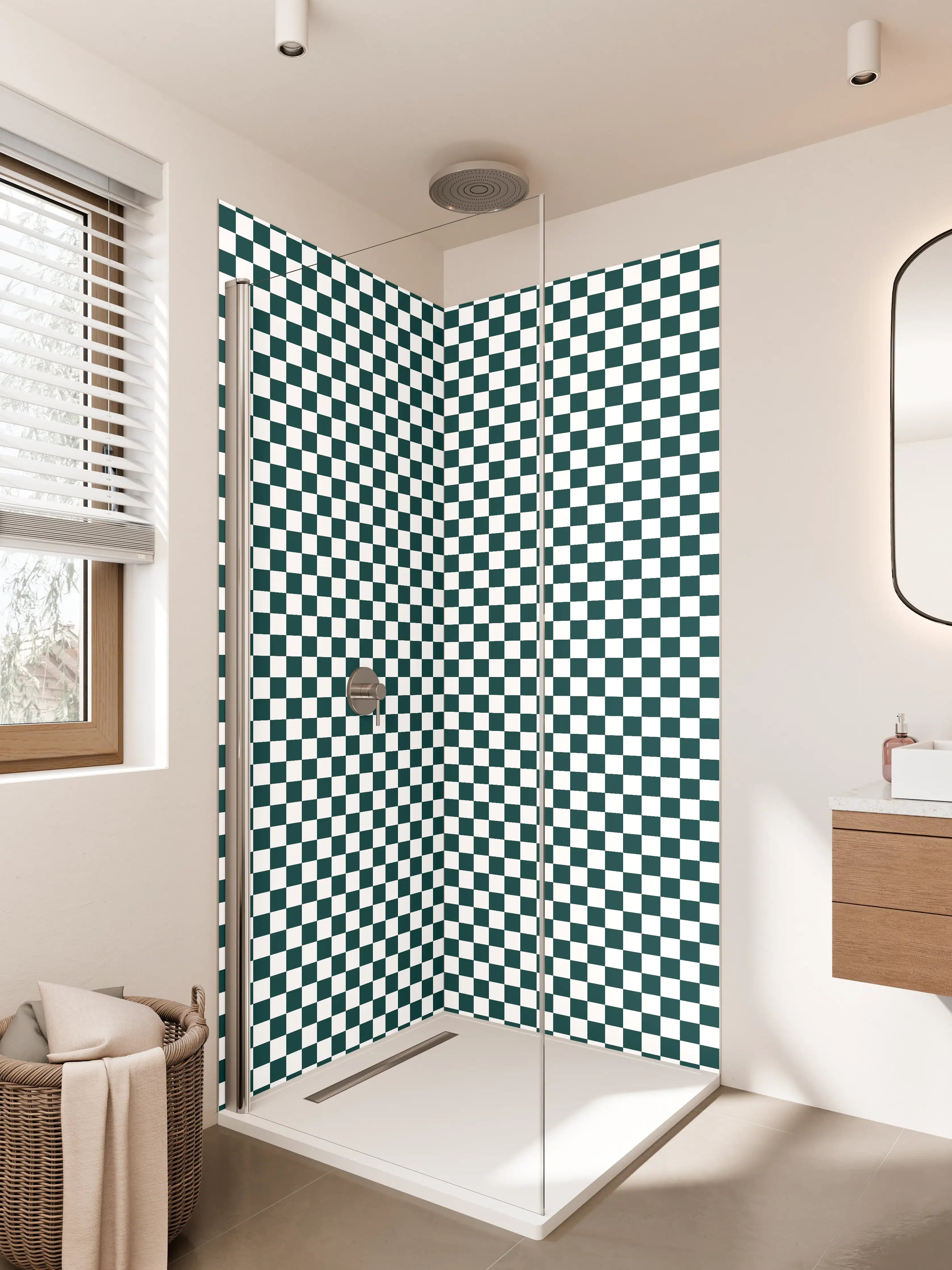 Duschrückwand - Schwarz-Weiß-Karomuster in DDR-Optik