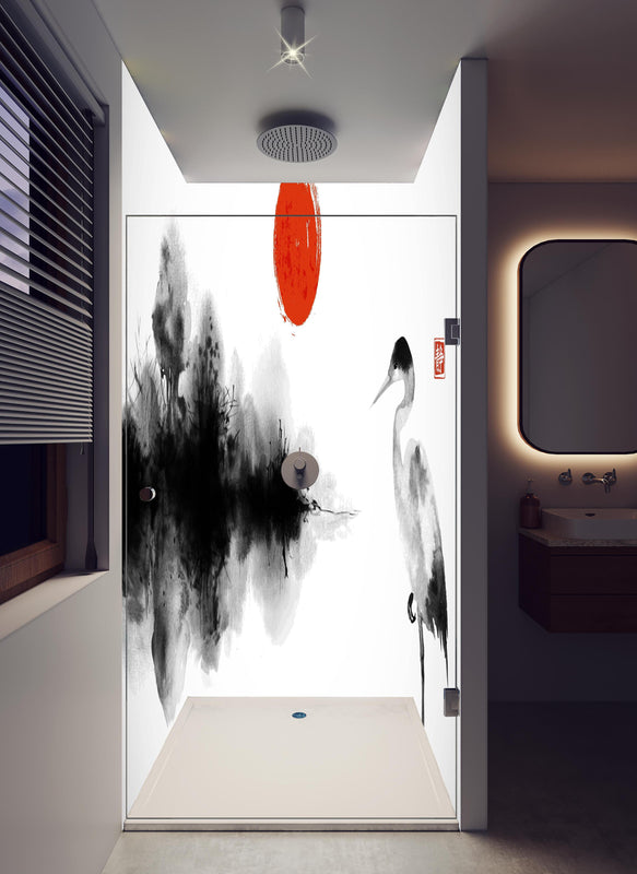 Duschrückwand - Schwarz-Weiße Kranich Zeichnung mit Rot in hellem Badezimmer mit Regenduschkopf  - zweiteilige Eck-Duschrückwand