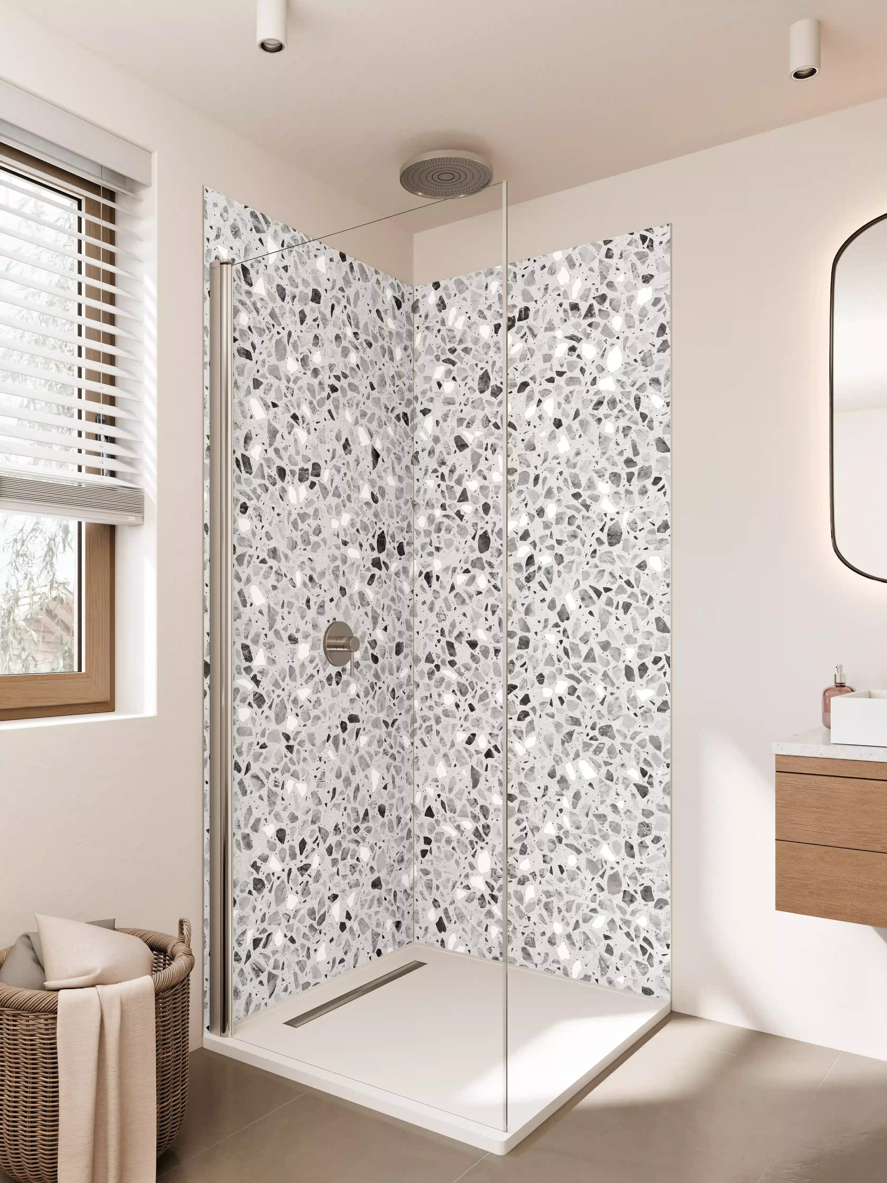 Duschrückwand - Schwarz-Weiße graue Terrazzo Stein Textur