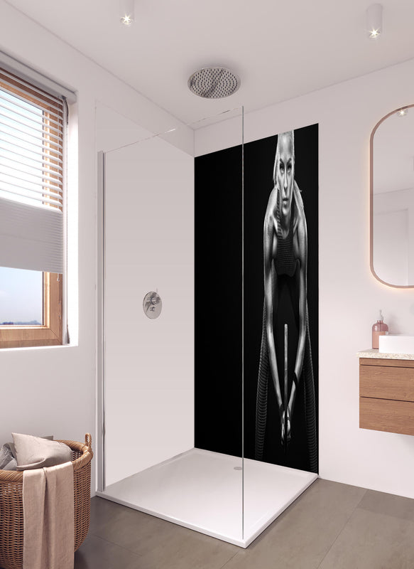 Duschrückwand - Schwarz-weiß Ansicht - Tennisspielerin in hellem Badezimmer mit Regenduschkopf  - zweiteilige Eck-Duschrückwand