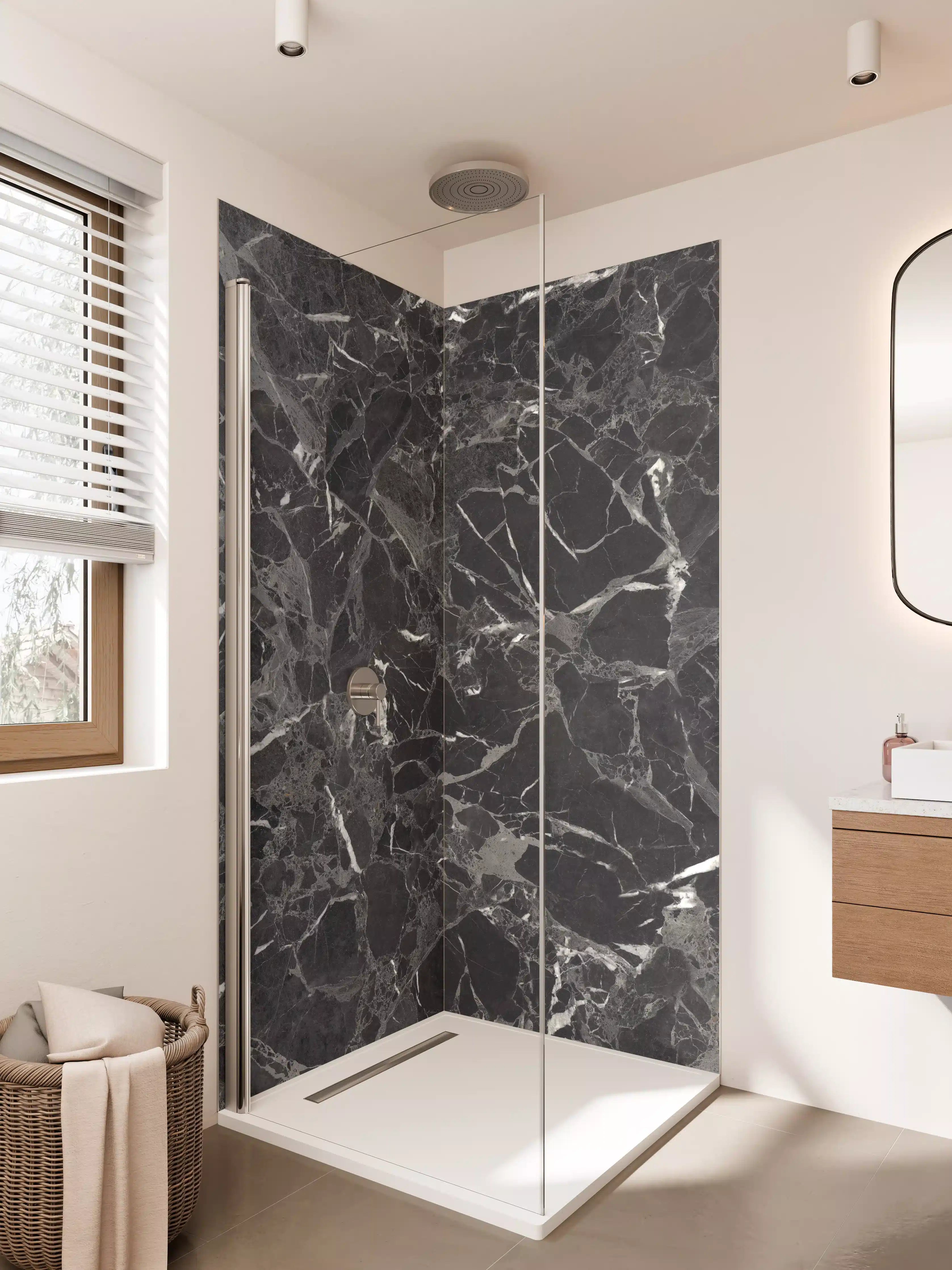 Duschrückwand - Schwarze Marmor-Textur mit Weißmarmorierungen