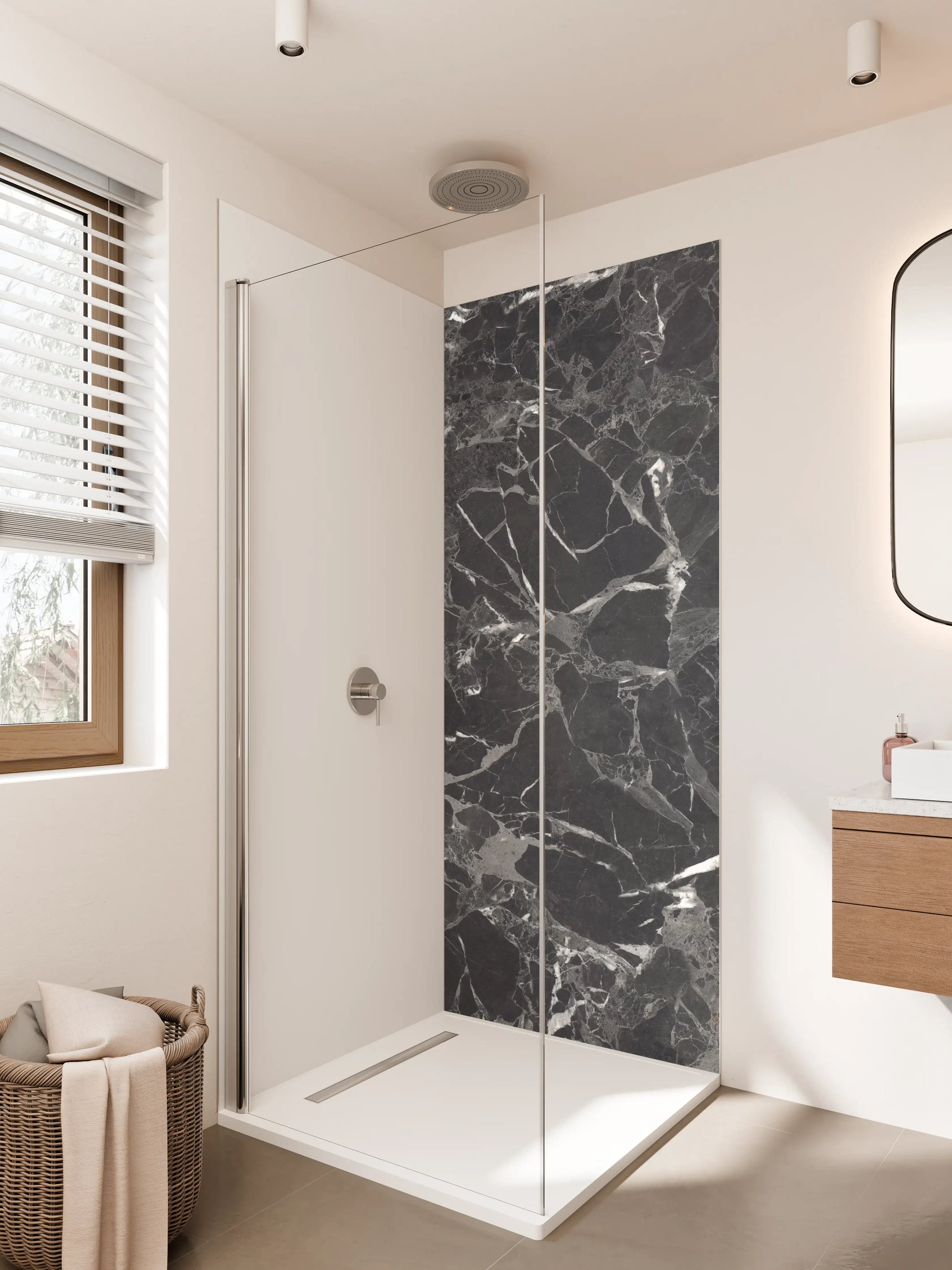 Duschrückwand - Schwarze Marmor-Textur mit Weißmarmorierungen