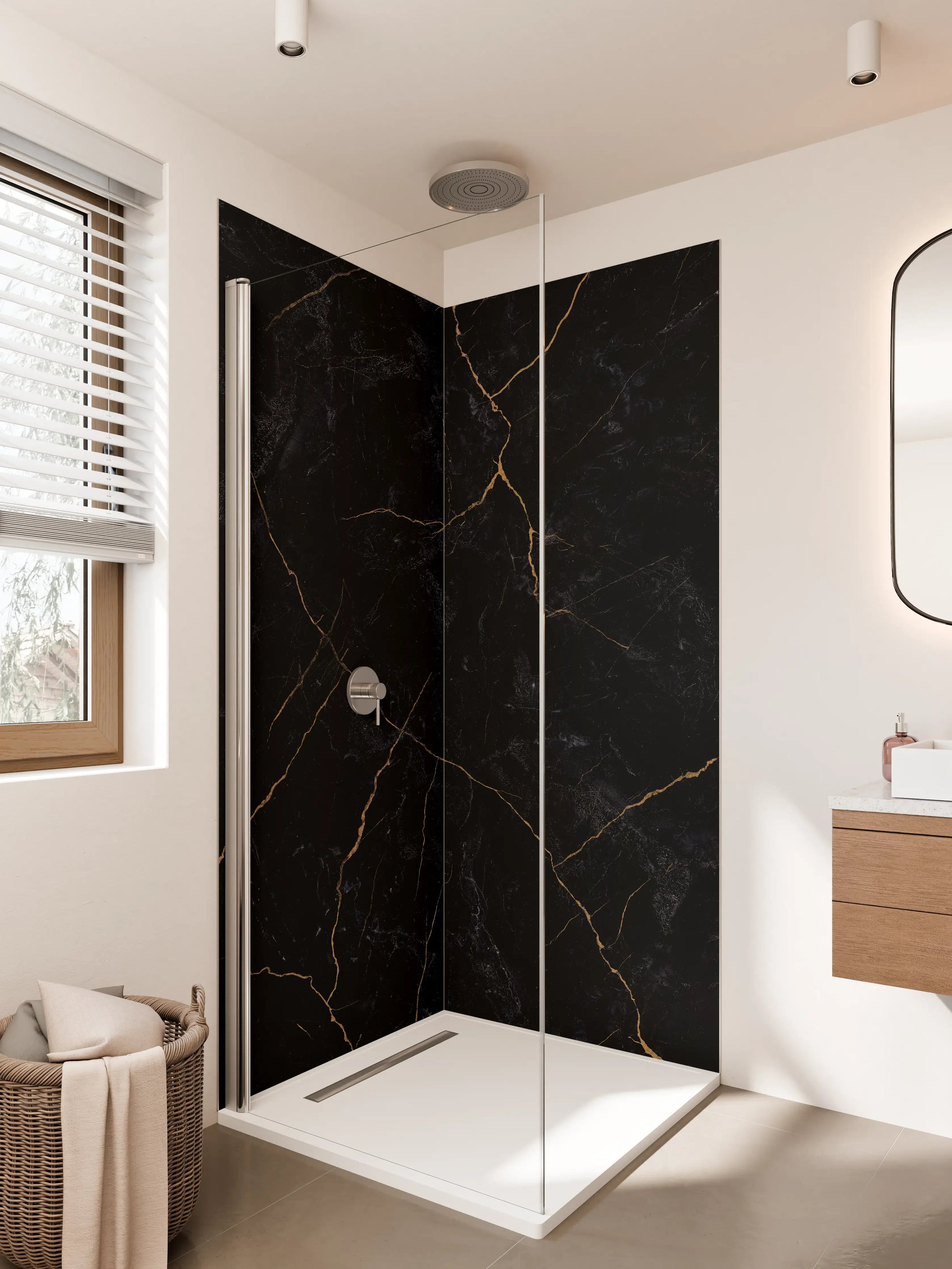 Duschrückwand - Schwarze Marmor-Textur mit goldenen Adern